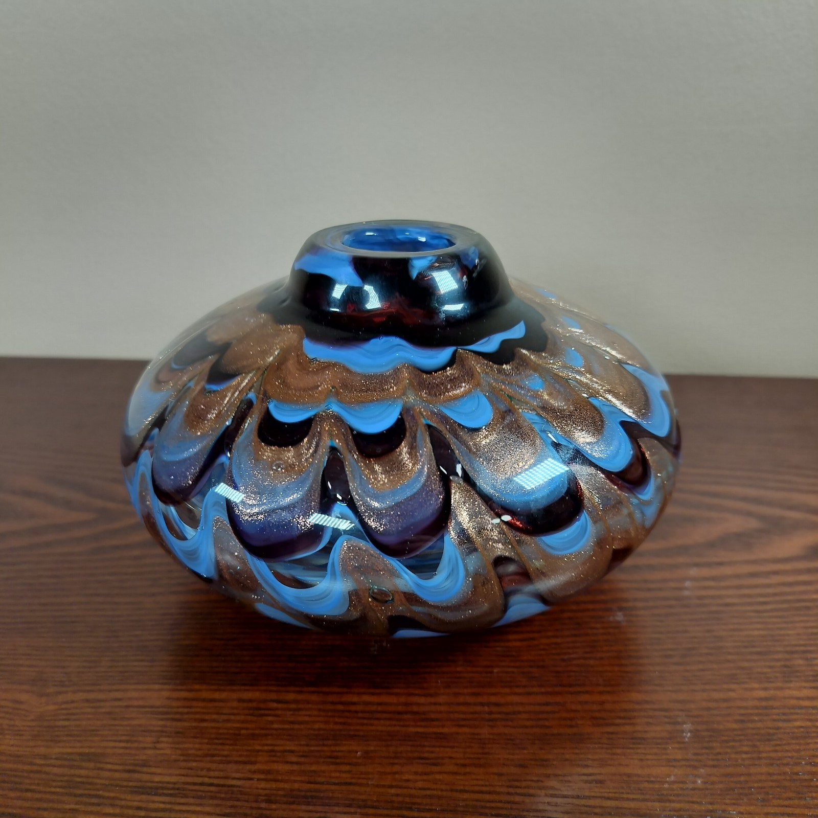 Dale Tiffany Favrile Style Metallic Shimmery Copper & Blue Hand Blown Glass Vase