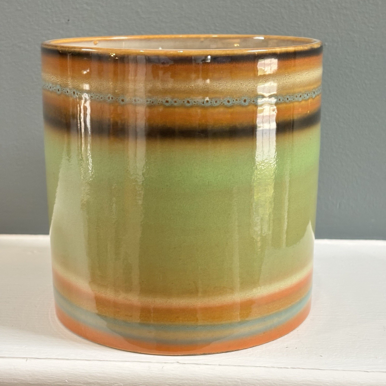 MCM Multi-Colored Hand Painted Glazed Crock Vase 5-1/8” Tall & Diameter