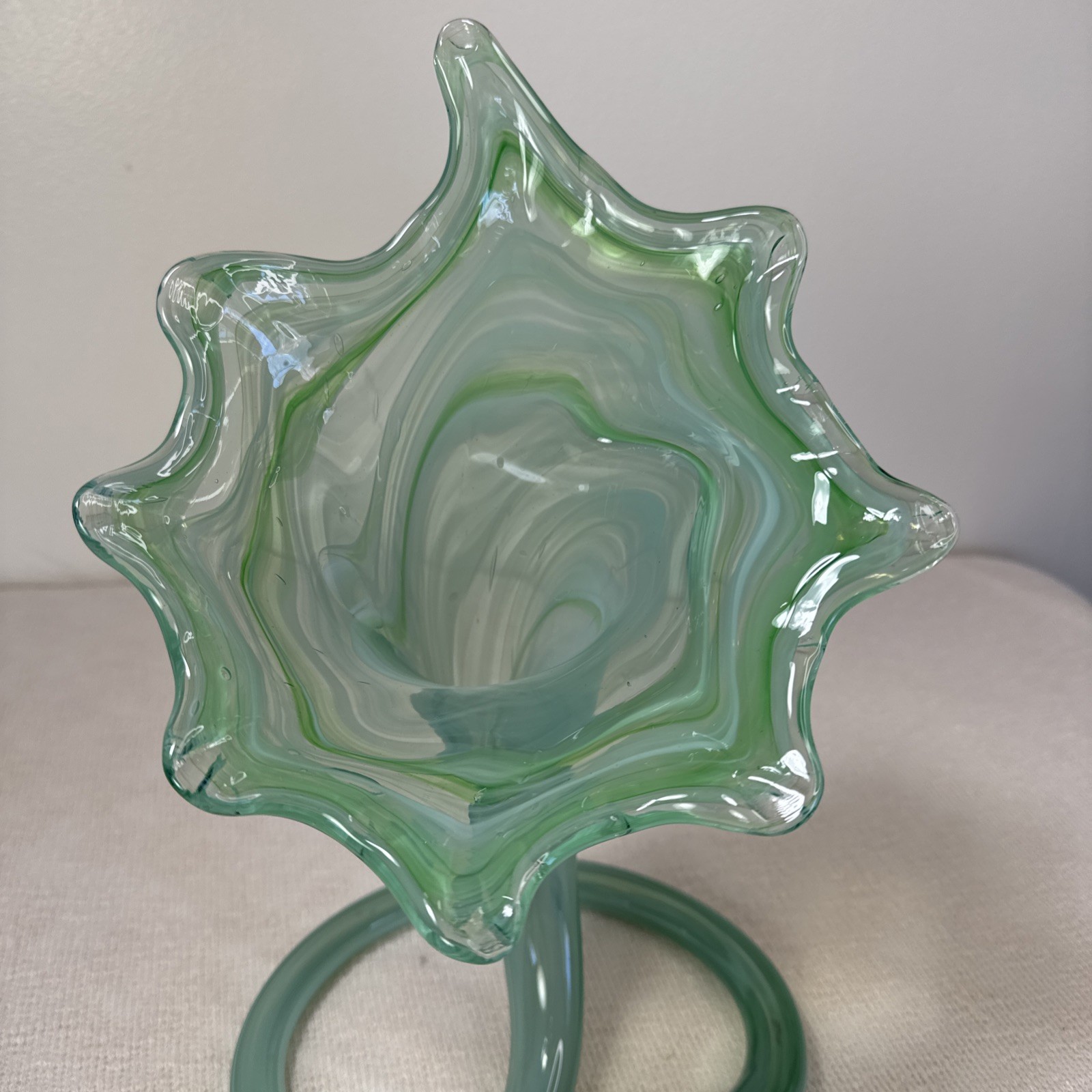 Hand Arch Class Trumpet Vase Light Blue Green Mint 12 Inches Murano Style