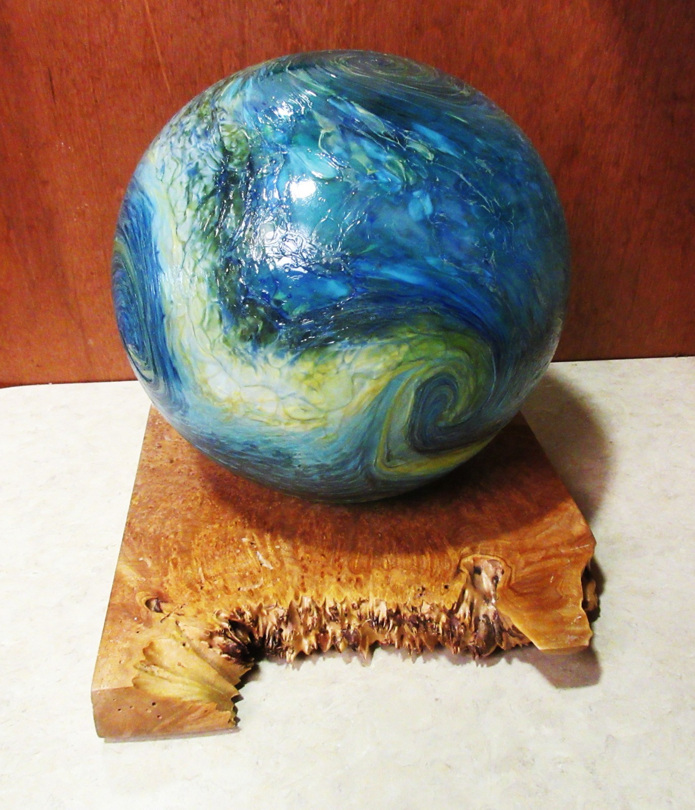 Large Hand Blown Glass Sea Float Blue Swirls 8″ with Wood Stand – Made in Oregon