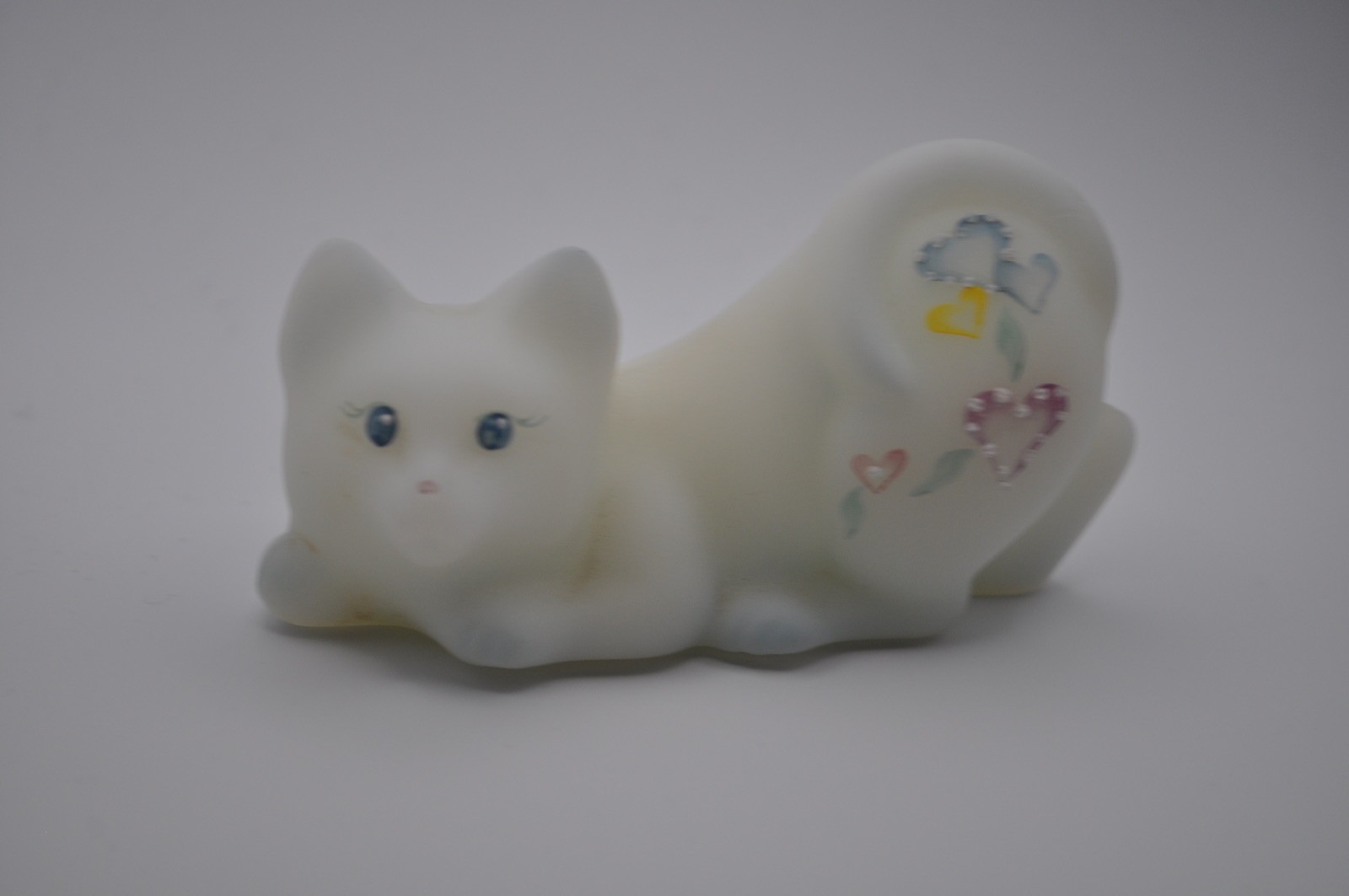 Fenton Glass Cat Opal Satin Hand Painted Pouncing Kitten Signed Hanlon