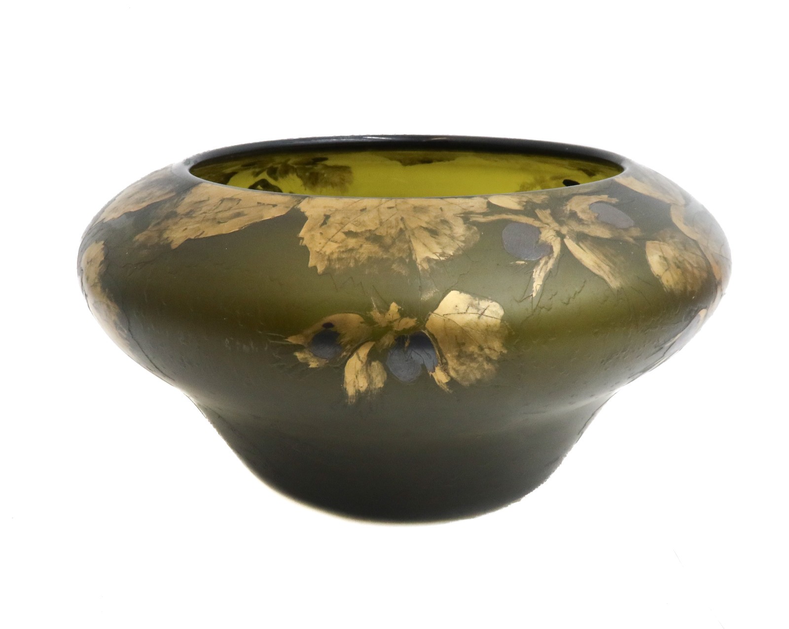 Legras France Acid Etched Cameo Art Glass Green and Gilt Vase Signed