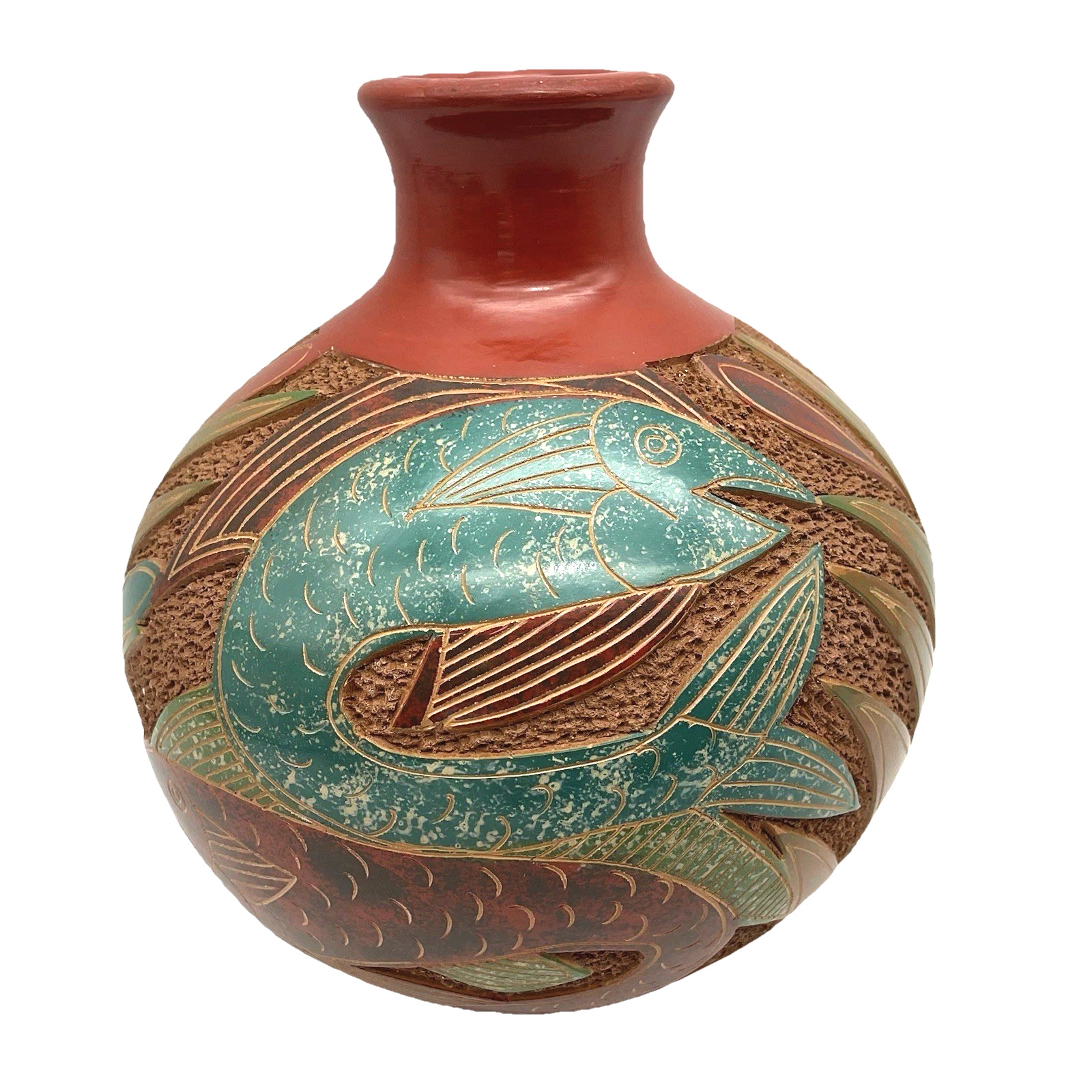 2 Nicaraguan Art Pottery Vases Fish Butterfly Design Brown Clay Hand Carved Pots