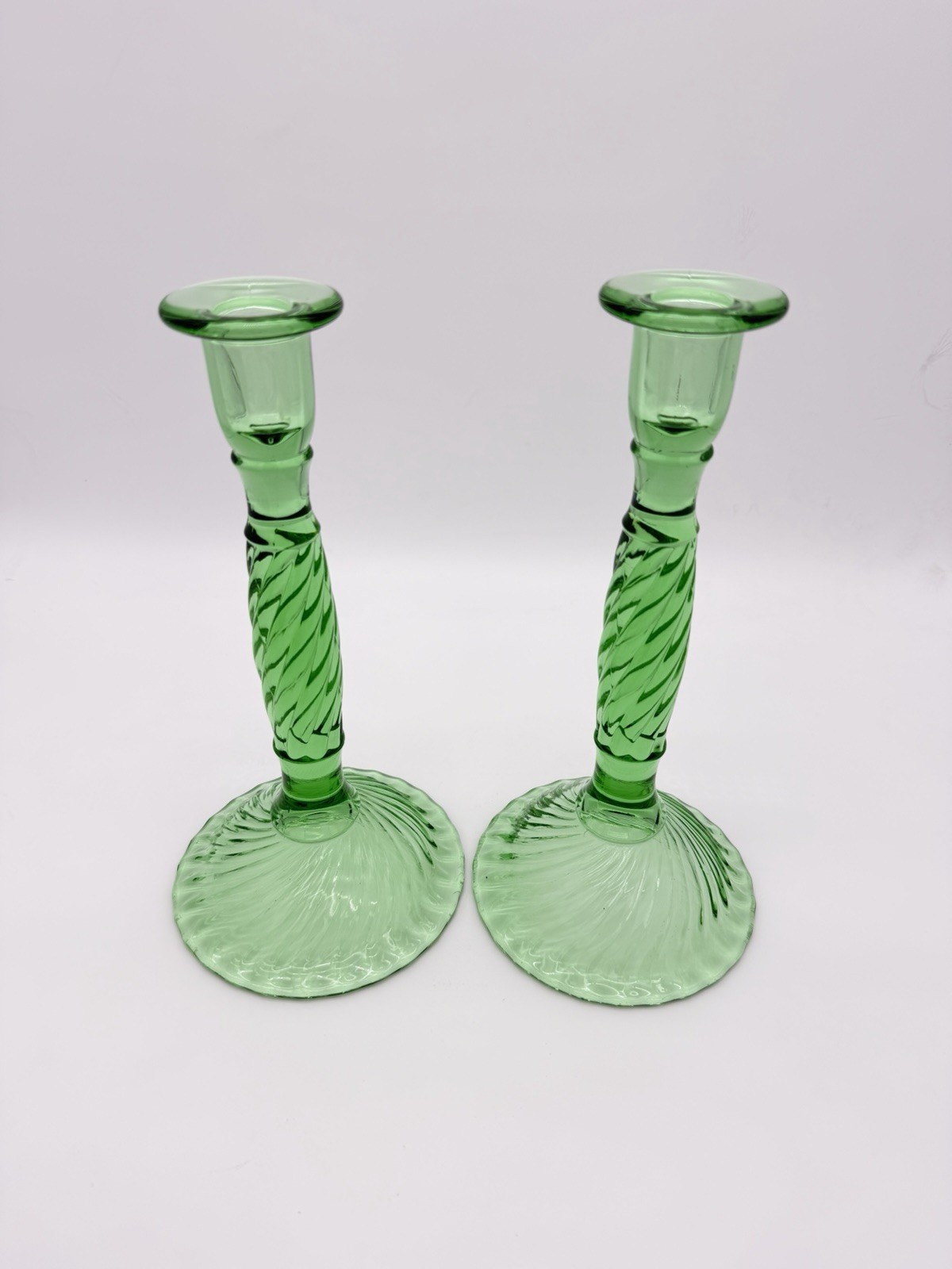 Antique EAPG art glass Swirl Early American Pressed Green mint candlesticks
