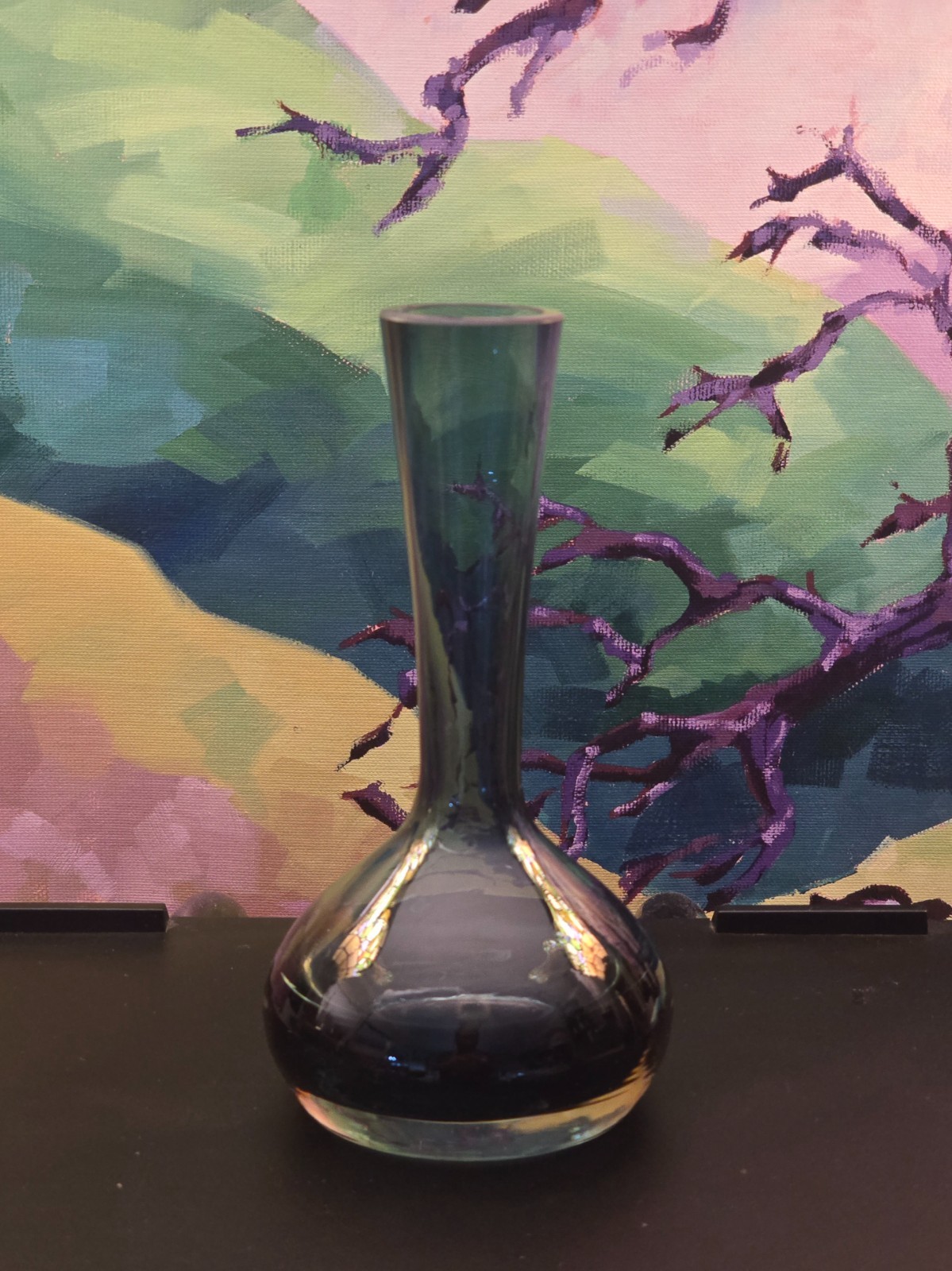 Vintage Gullaskruf Teal Hand Blown Glass Vase–7″ tall–1″ thick bottom–15.4 oz