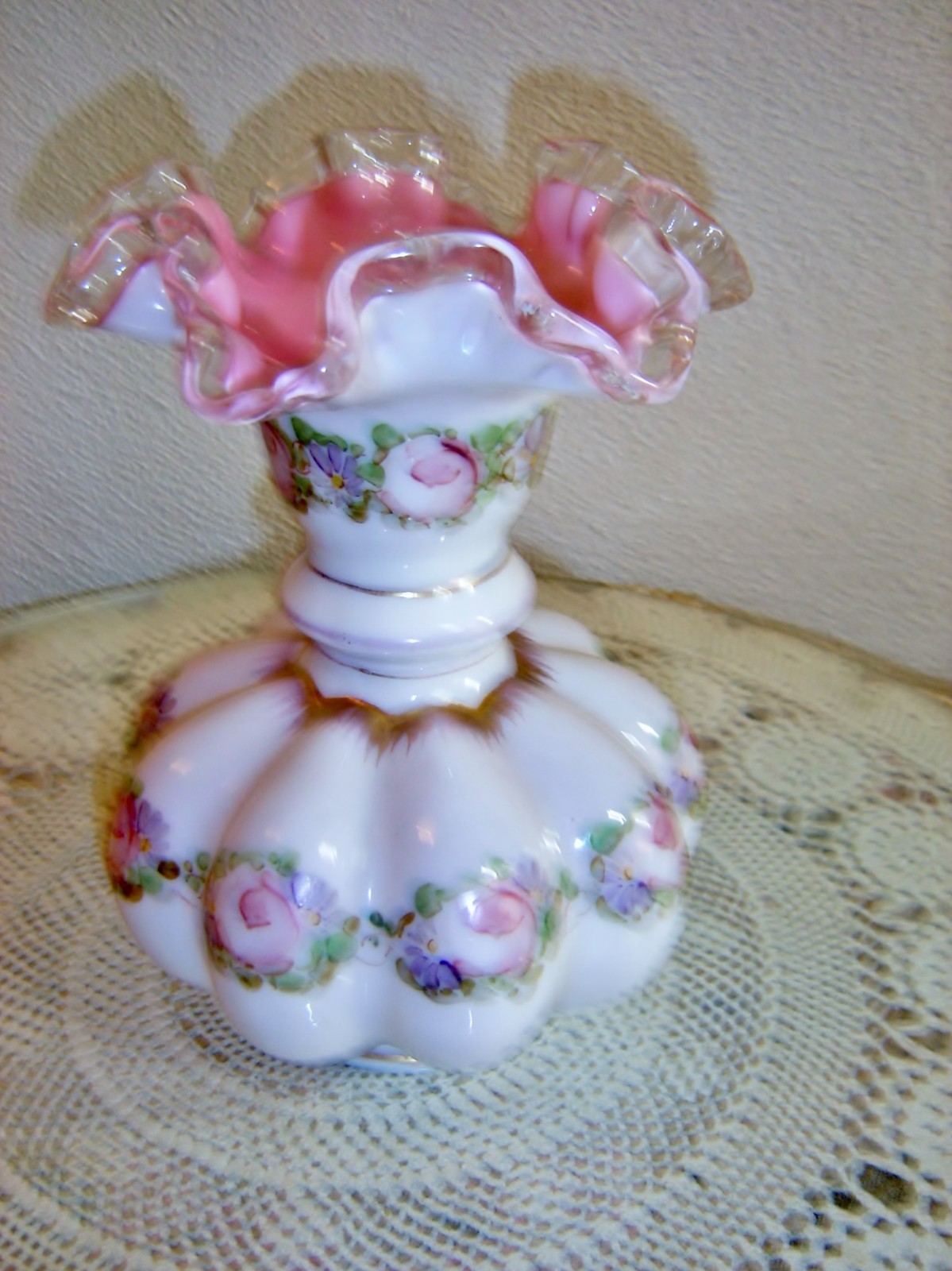 Large Fenton Hand Painted Charleton Melon Peach Vase Roses Gold Trim 81/4″ 1940s