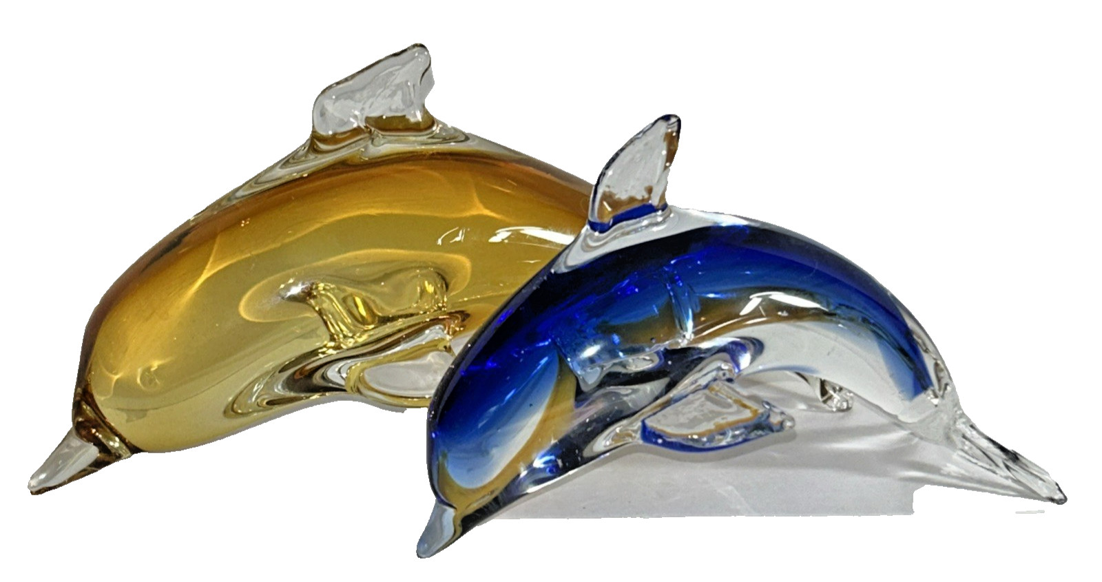 Dolphin Blown Glass Paperweight Art Decor Free Standing Set of 2 Blue Gold