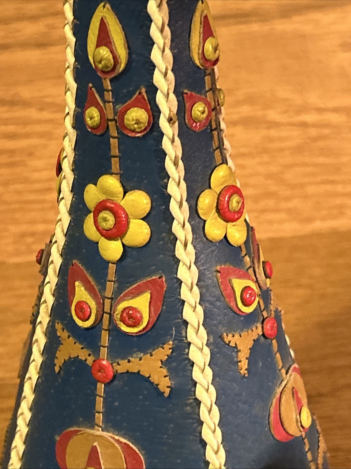 9” X 4” Leather Bound Folk Art Native American ? Arts & Crafts Budvase RARE