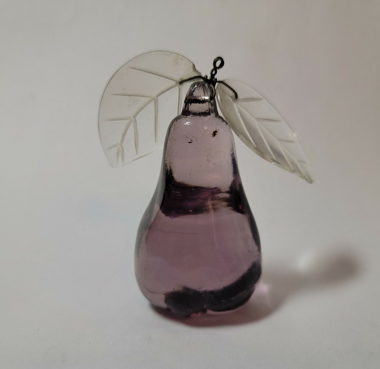 Antique Vintage Studio Art Glass Amethyst Pear w/Clear Leaves 3″t×1 5/8″w