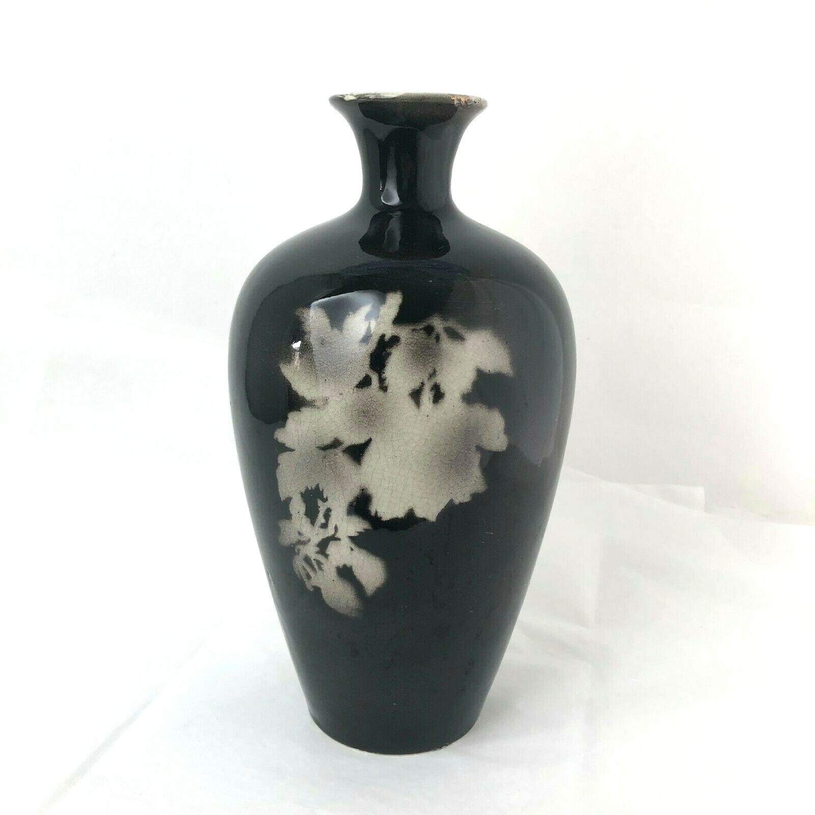 Vintage Black Pottery Vase with Crown / Made in England 8 3/4″ High