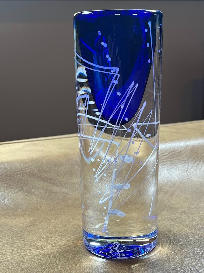 Mark Sudduth Studio Jazz art Glass Paperweight Vase 8.5” Geometric Lines