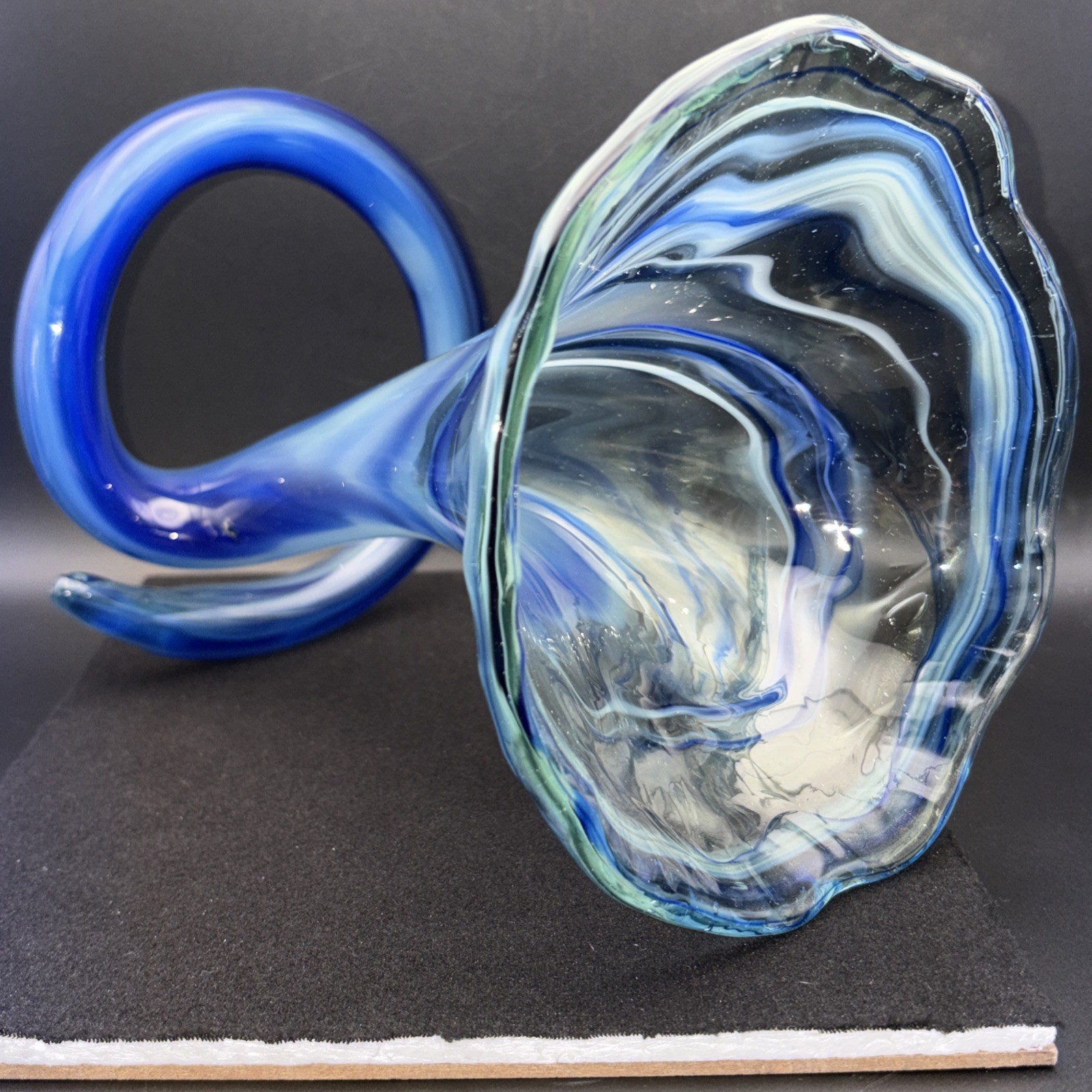 Vintage MCM Blue Swirl Art Glass Trumpet Vase 8″ Coiled Base Sooner Murano Style