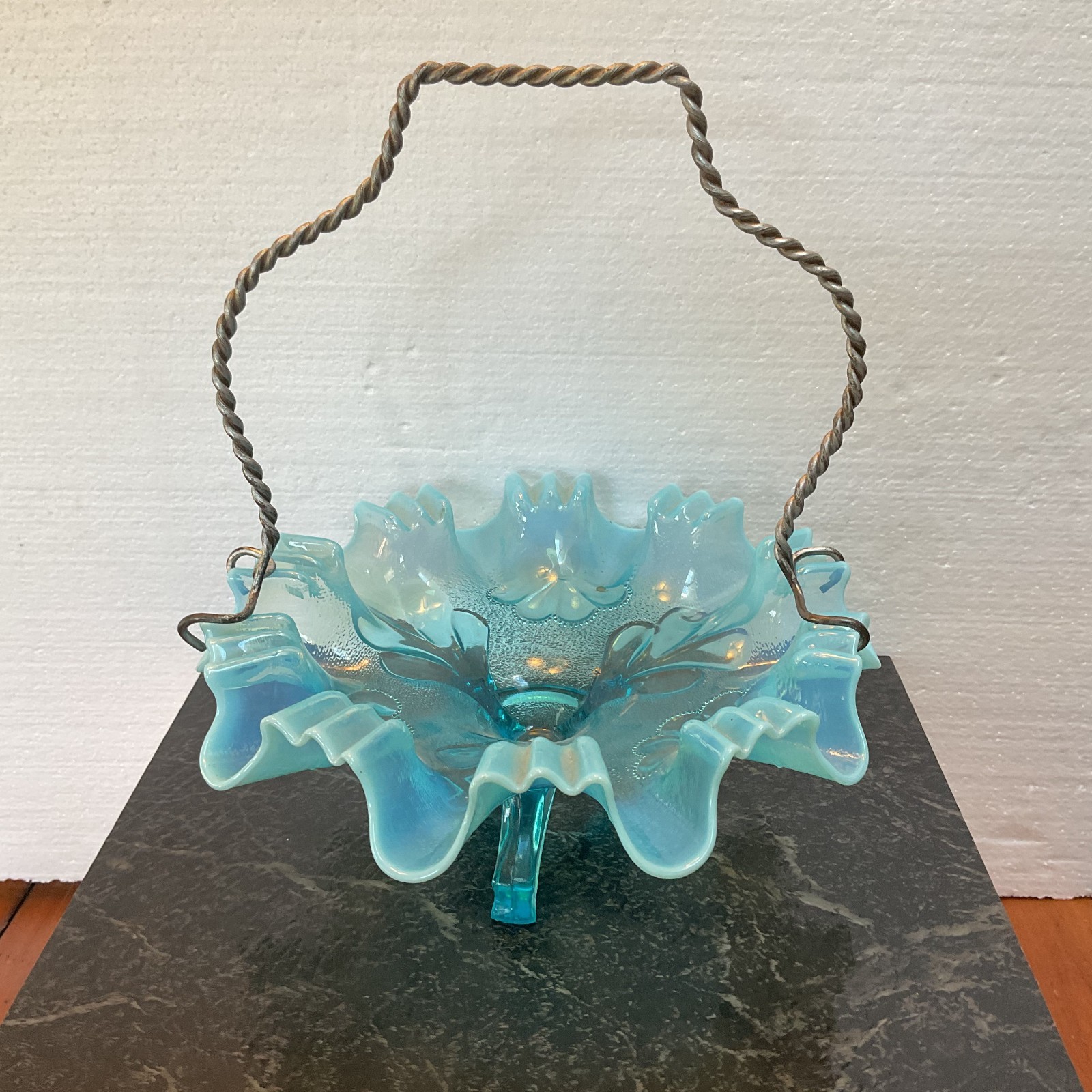 Vintage – Blue Opalescent Brides Basket Daisy & Plume – Vintage Glass