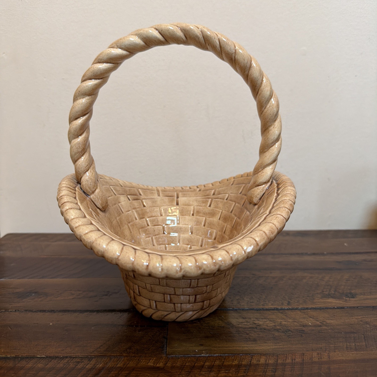 Vintage Handmade Ceramic Brown WOVEN BASKET WITH HANDLE. Signed EB