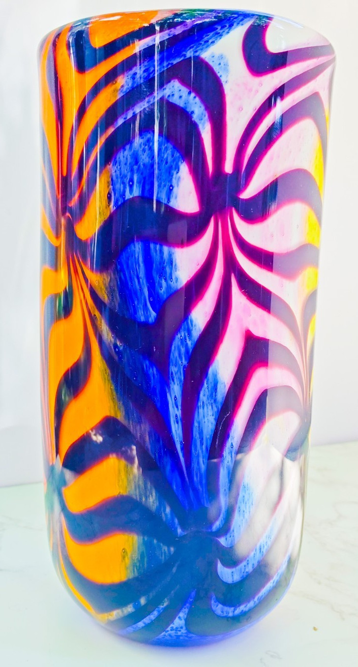 Murano Style Hand Blown Rainbow Art Glass Vase Swirled Ribbon Heavy 6 lb 10”