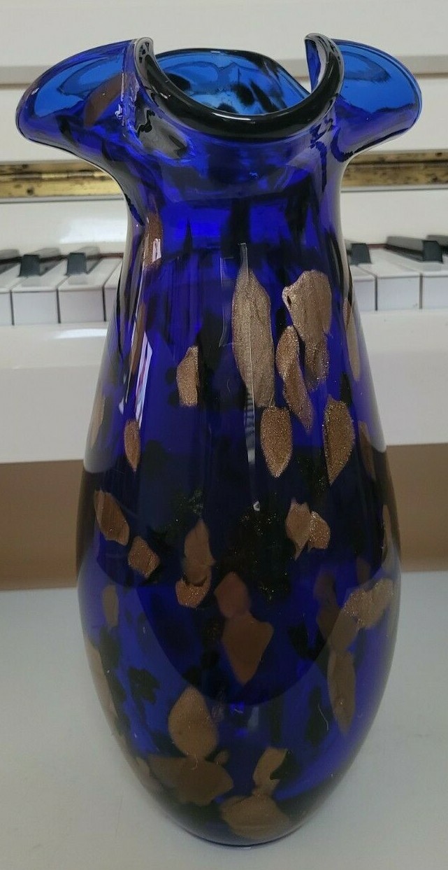 HANDBLOWN COBALT BLUE MURANO VASE WITH COPPER SPECS 12.5 INCHES TALL