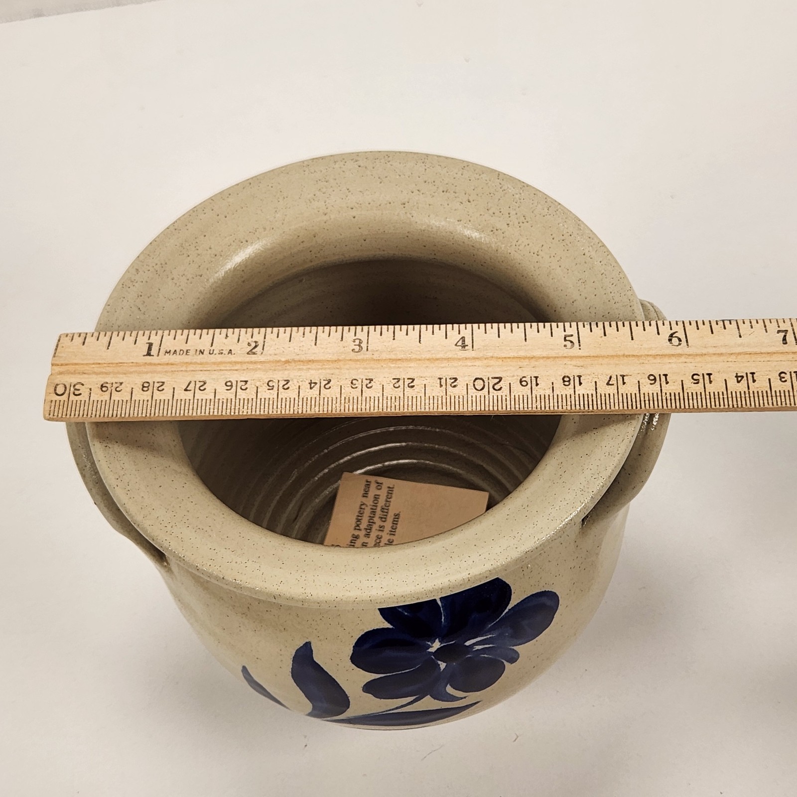 VTG Williamsburg Pottery Salt Glazed Blue Flower Handled Crock Farmhouse USA 5″