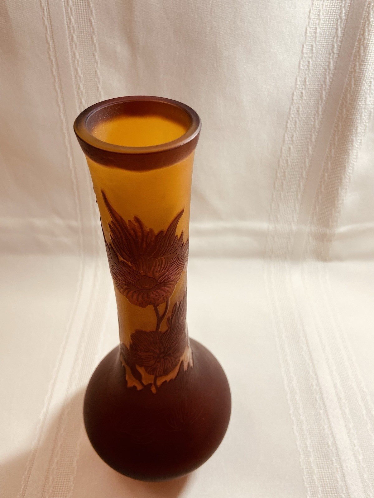 Vintage Petroche Floral Handmade Romania Art Glass Cameo Vase 10 7/8″ Tall Amber