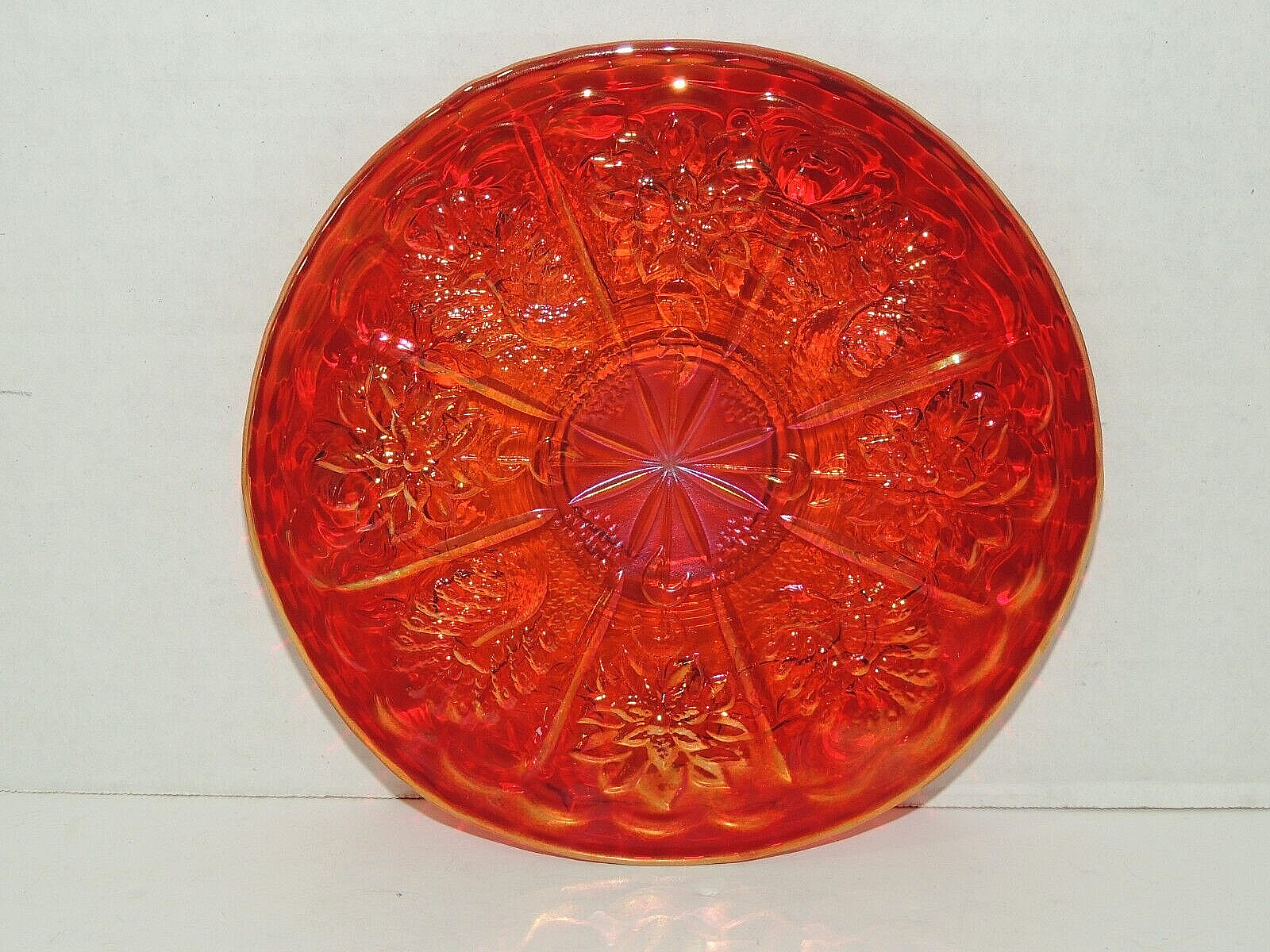 Vintage Fenton Ruby Red Carnival 6½ inch Peacock and Dahlia Plate Ware