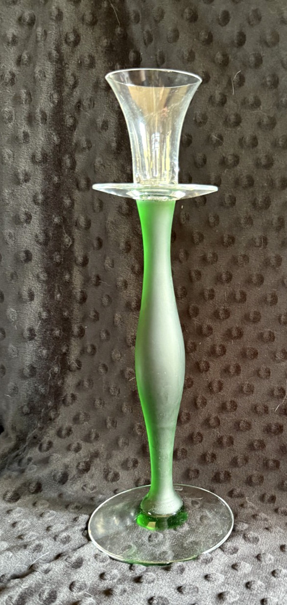 Mid Century Orrefors Celeste Green Froster Glass 11.75″ Candlestick Anne Nilsson