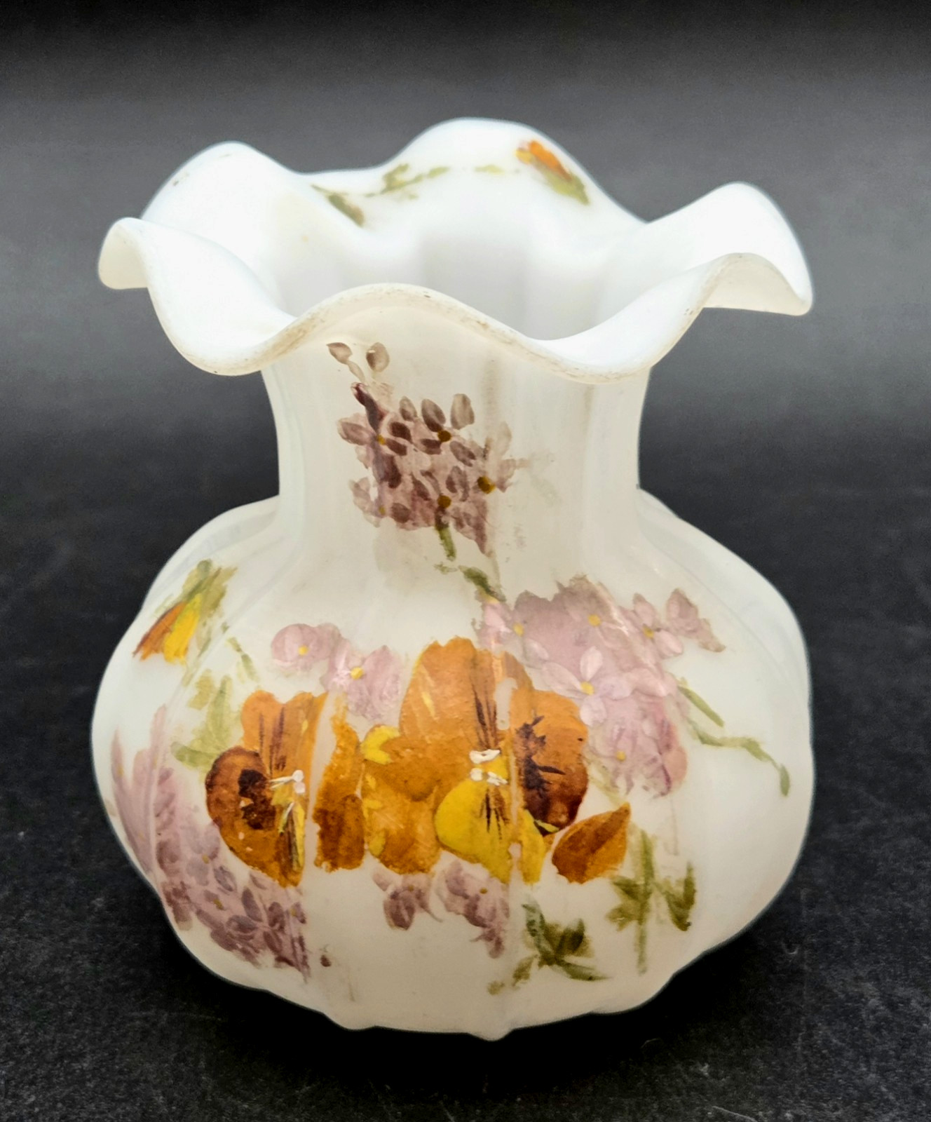 Vintage Hand-Crafted Victorian Floral 3″ White Satin Glass Vase