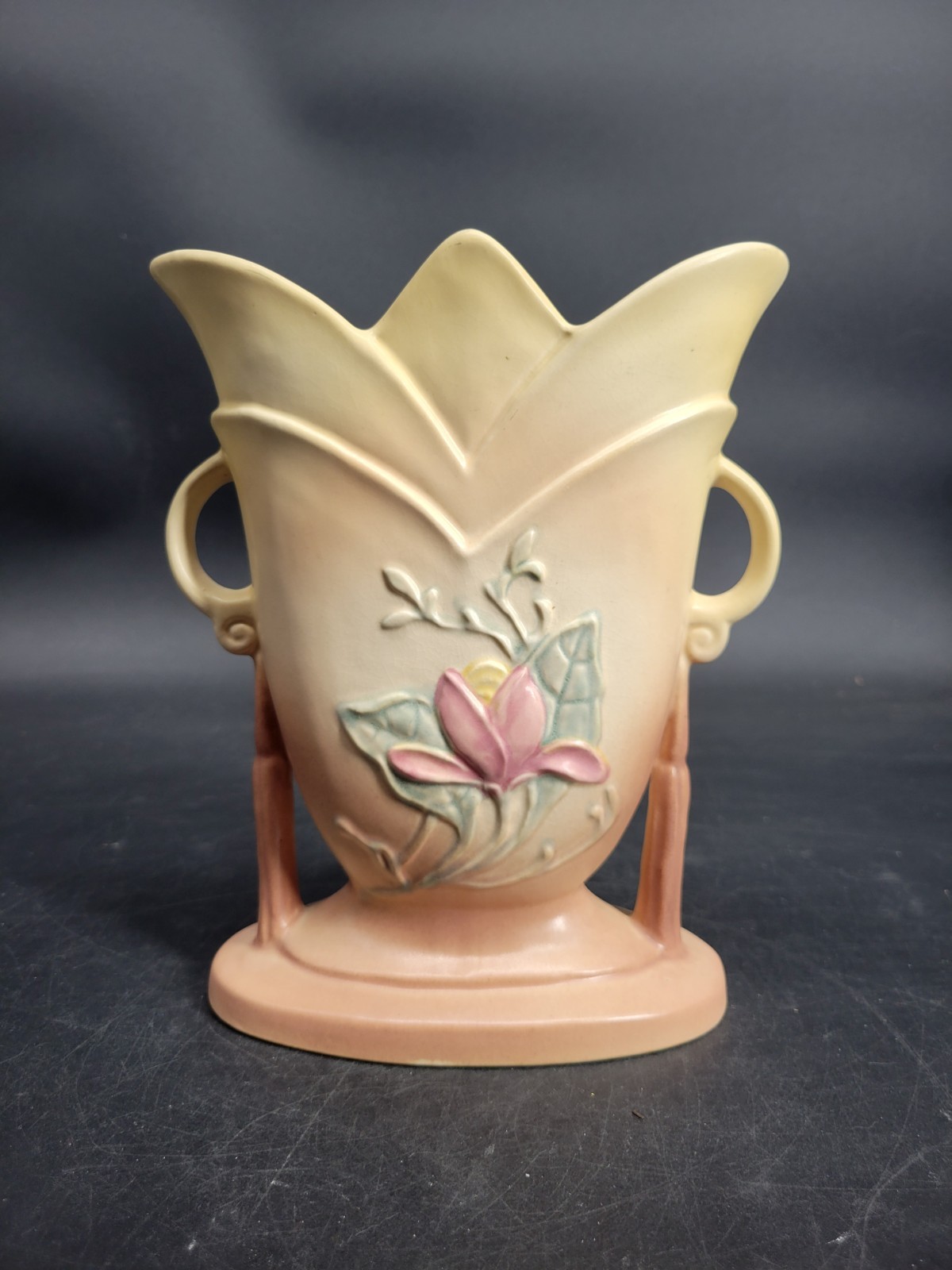 Vintage Hull Art Pottery Magnolia Pattern Double-Handled Vase Marked 7-8 1/2