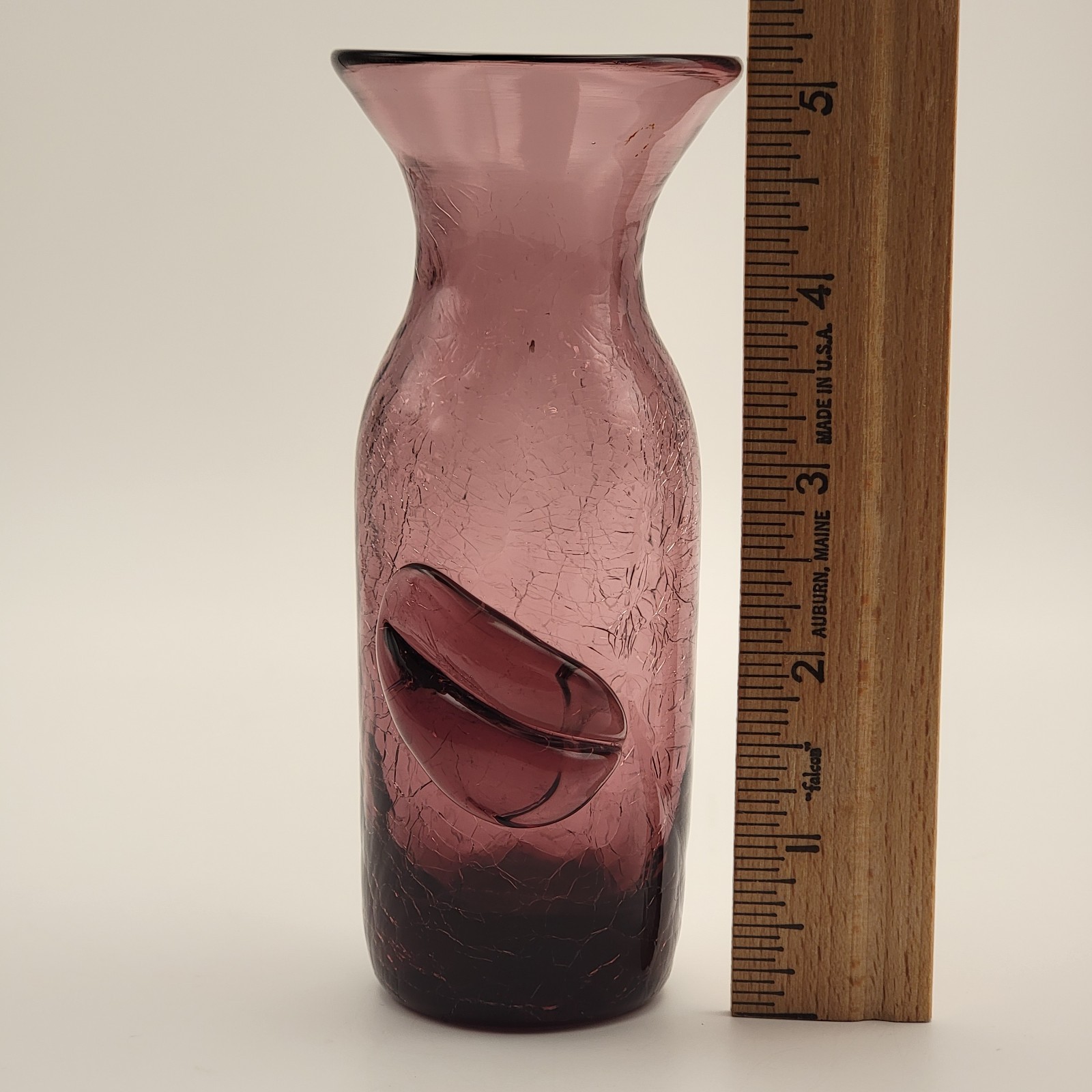 Blenko Glass Amethyst 60D Mini Crackle Leaf Vase 5″