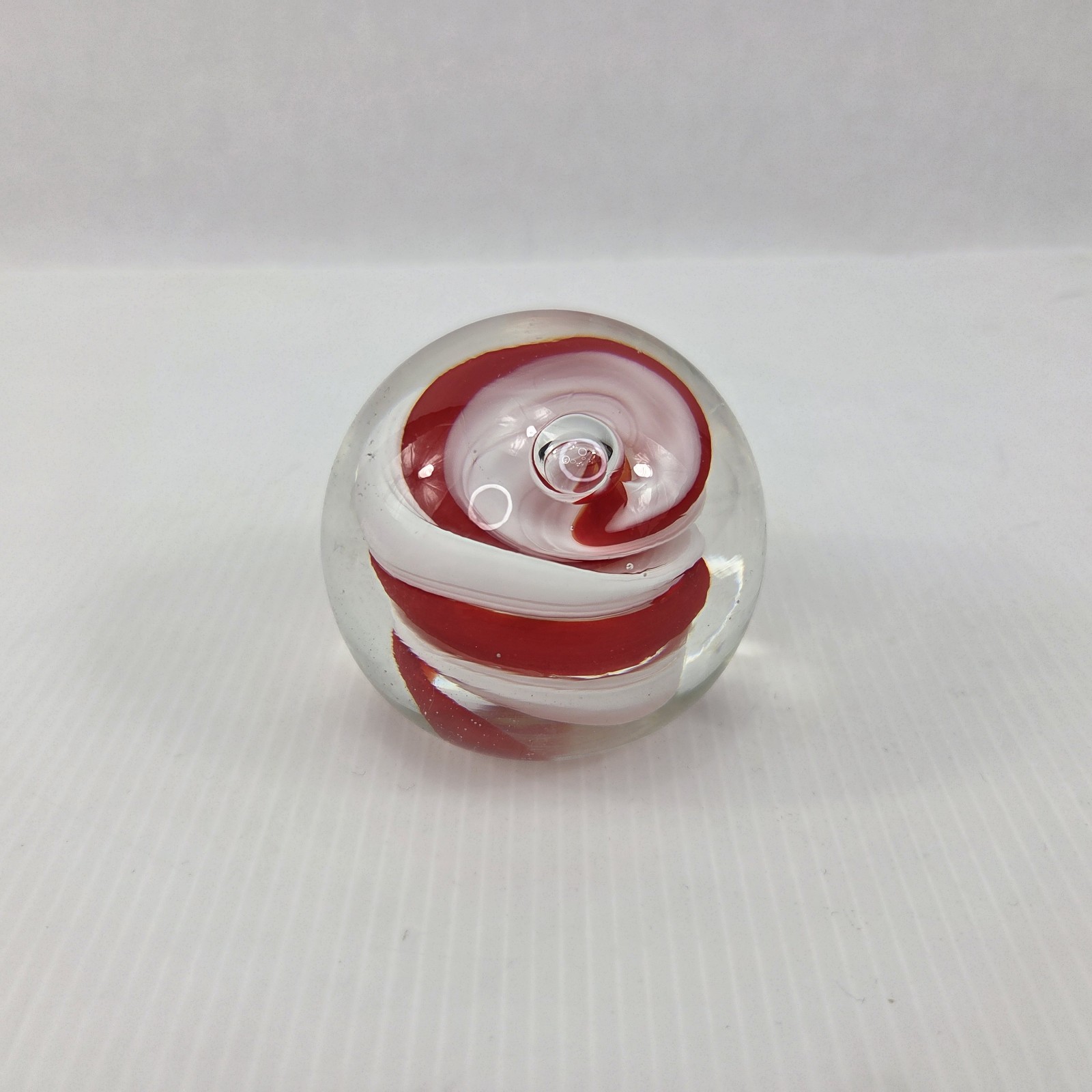Vintage Red White Swirl Hand Blown Art Glass Paperweight Controlled Bubble