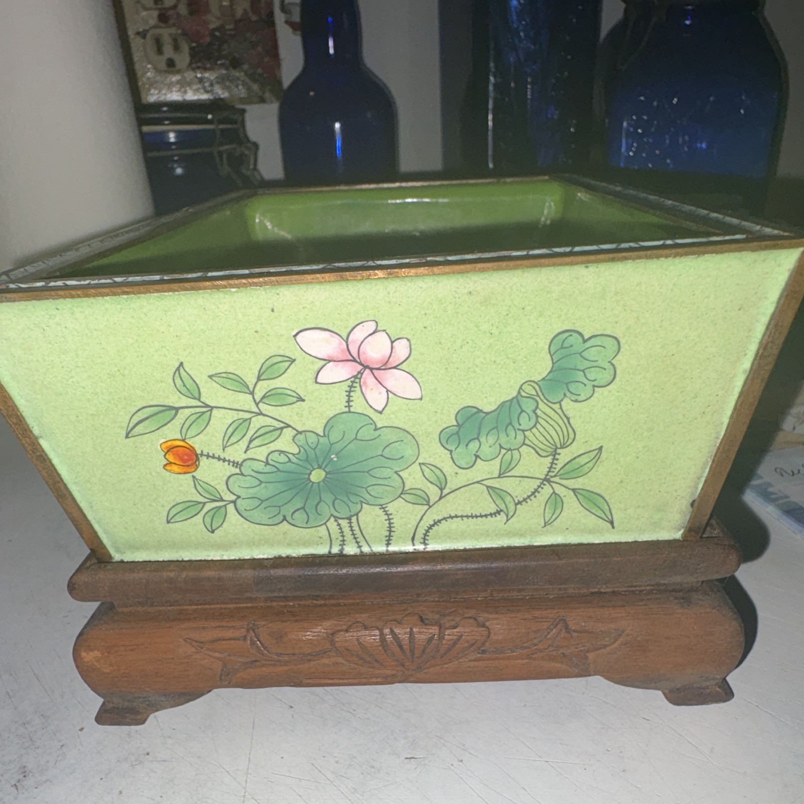 Hand-Painted Green Rectangular Ceramic Planter w/ Wood Base, Ducks Floral