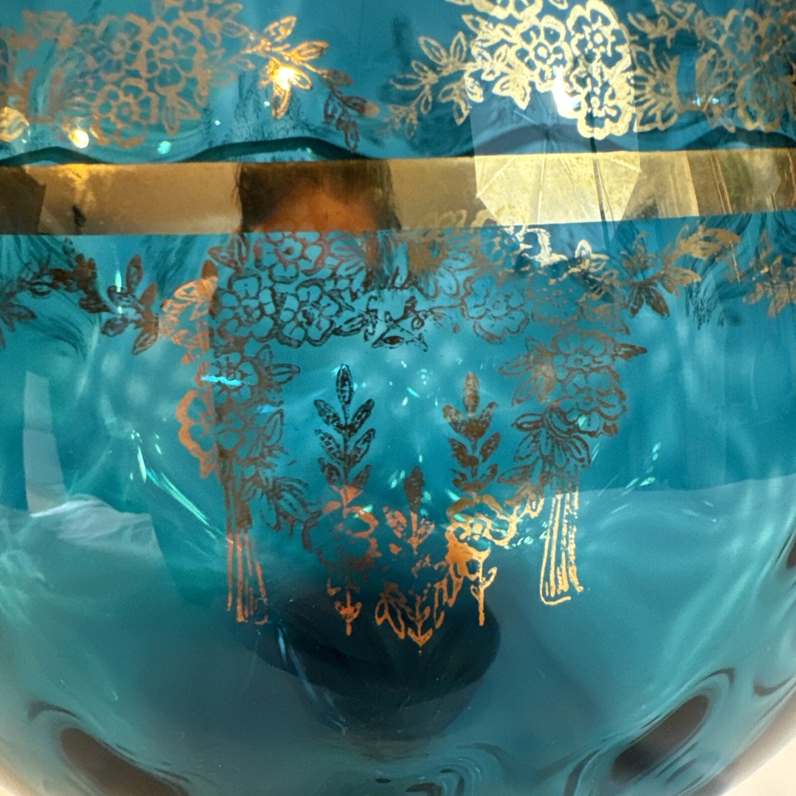 Giant Vintage Italian Turquoise Aqua Blue and Gold Crystal Bowl 14”