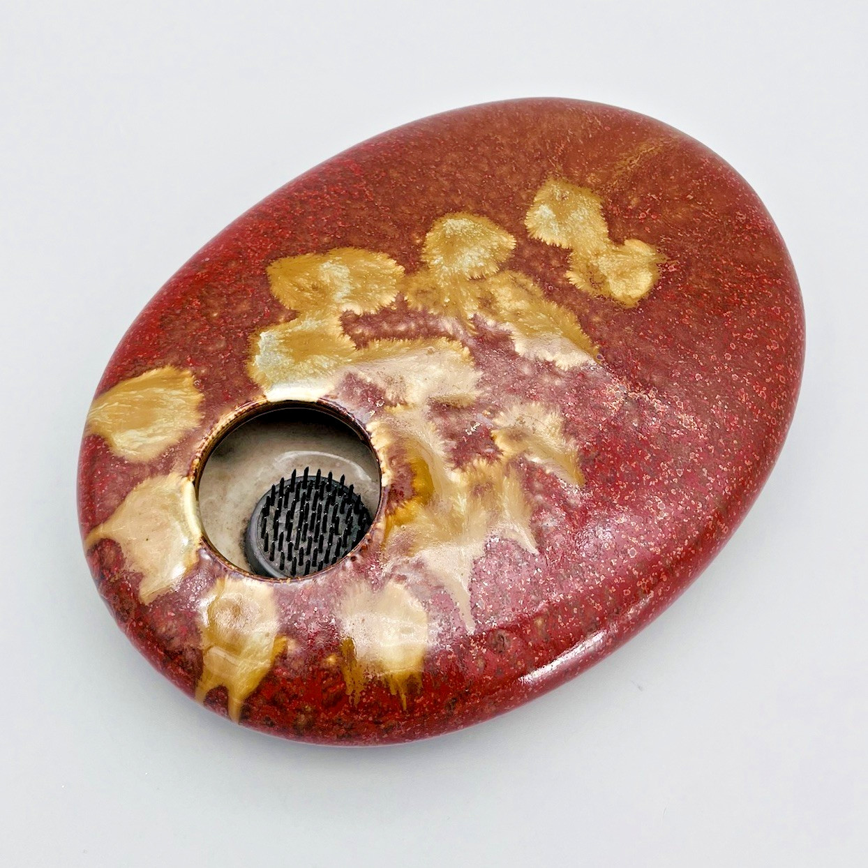 Ikebana Ceramic Red Gold Warm Tone Glazed Oval 9″ Floral Flower Frog Vase MCM