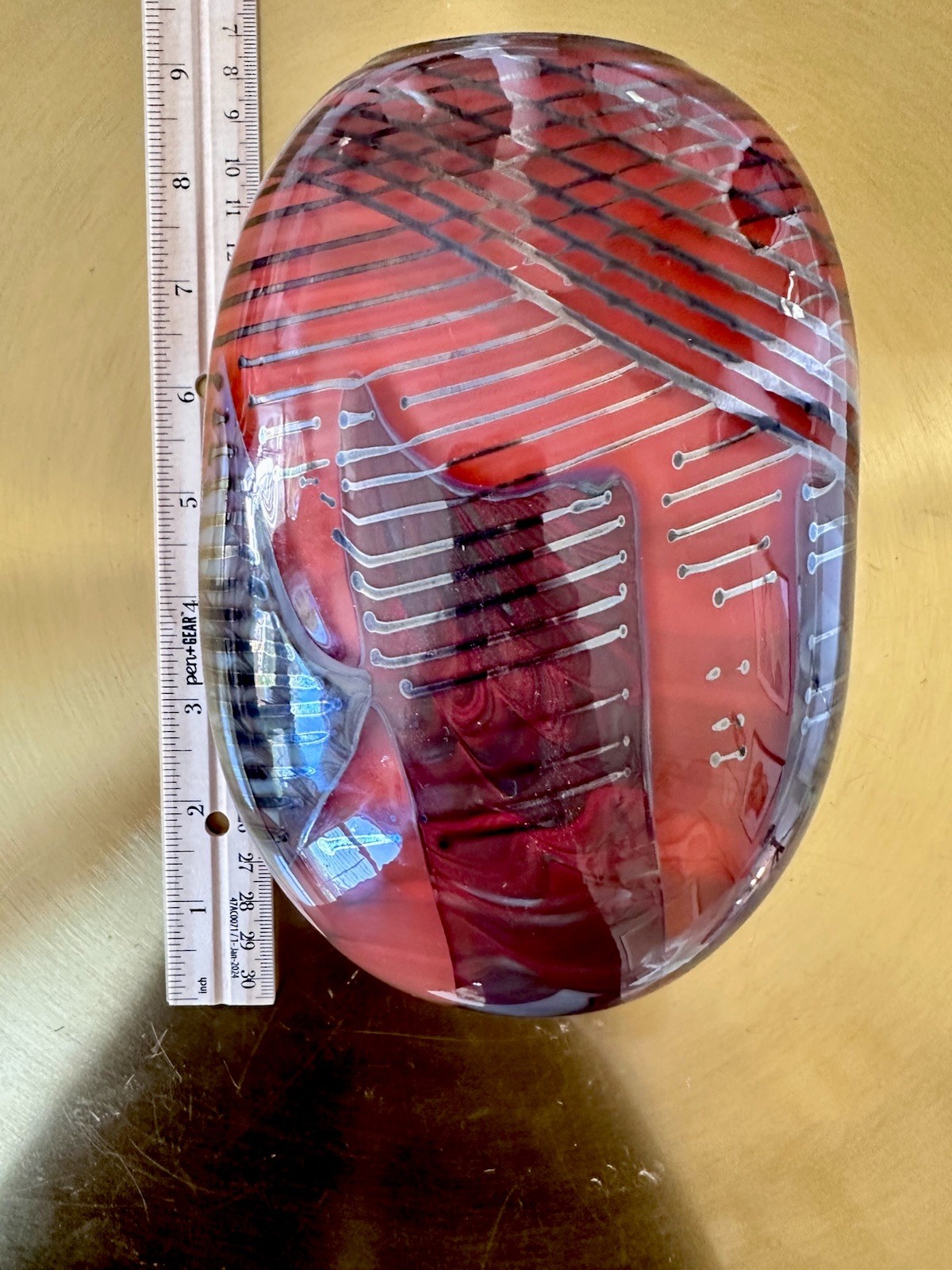Kyle Gribskov Orange Blue Grey Iridescent Striped Signed Art Glass Vase 7” Tall