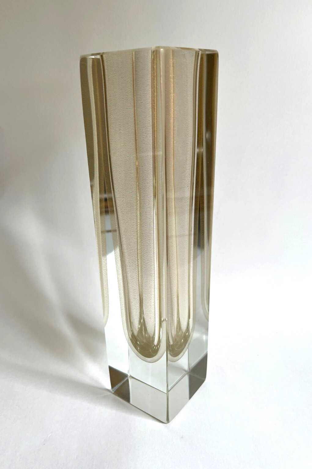 Vintage MCM Flavio Poli Murano Sommerso Cube Vase Clear Gold Stardust 11.75″