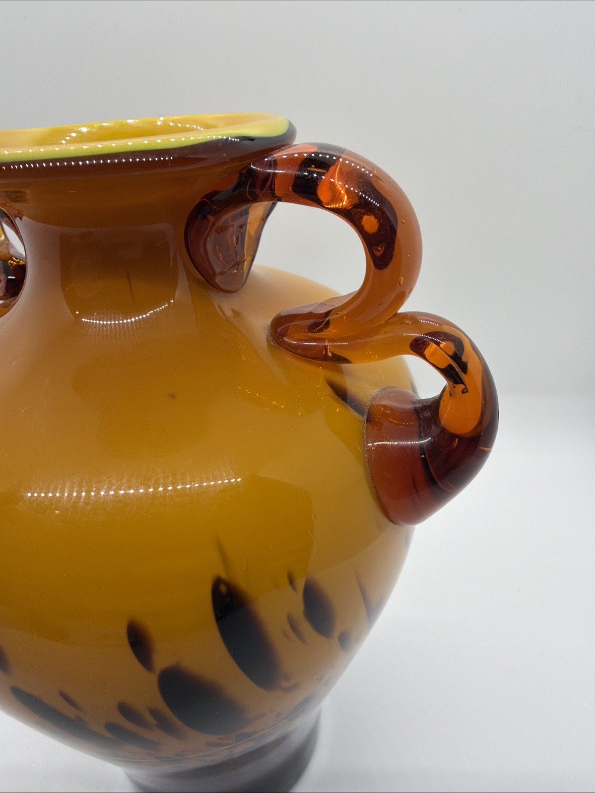 Art Glass Vase Leopard Spotted Pattern Hand Blown Amber Yellow Brown Vintage 7”