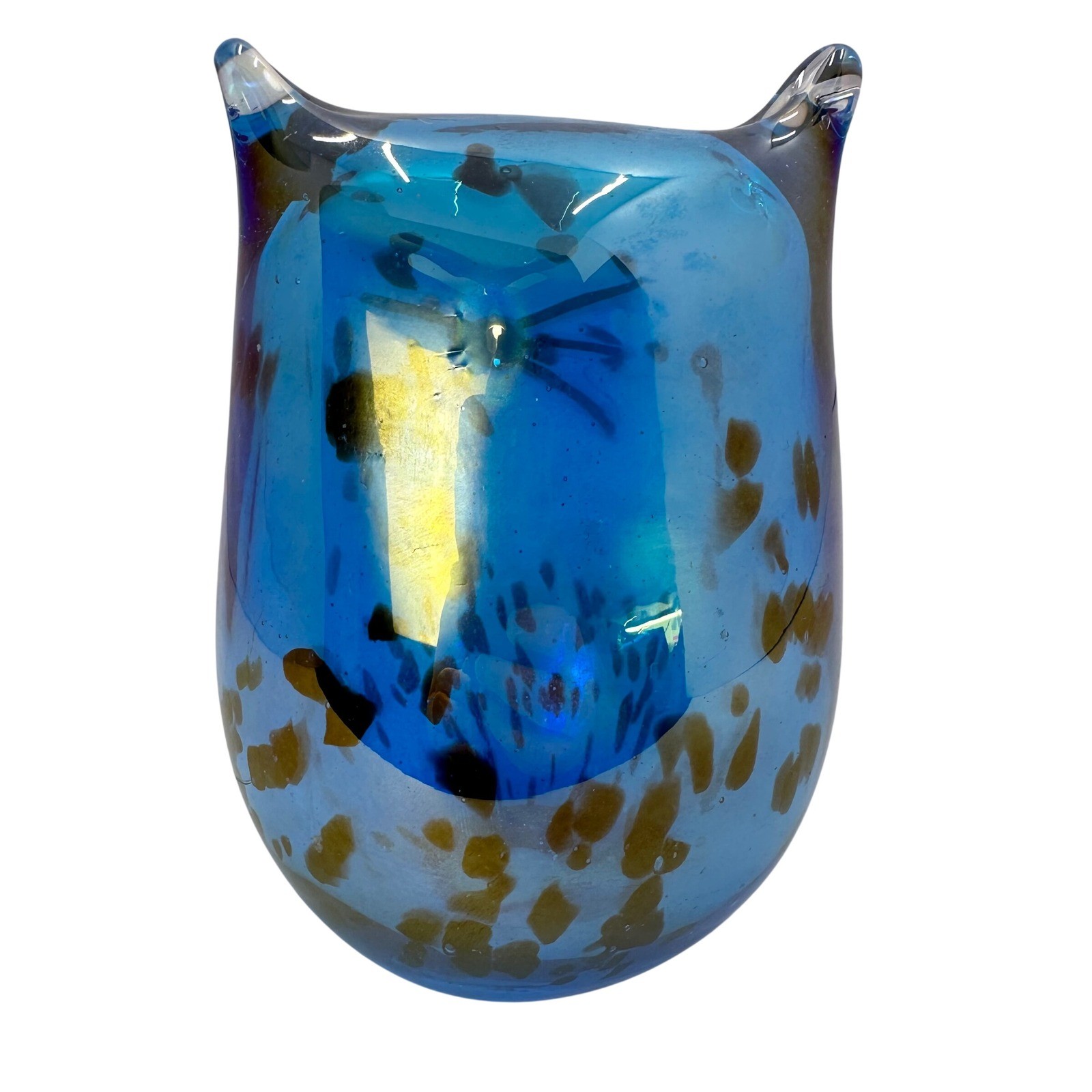 Hand Blown Blue Iridescent Art Glass Cat Figurine Tortoiseshell Speckle Fabrique