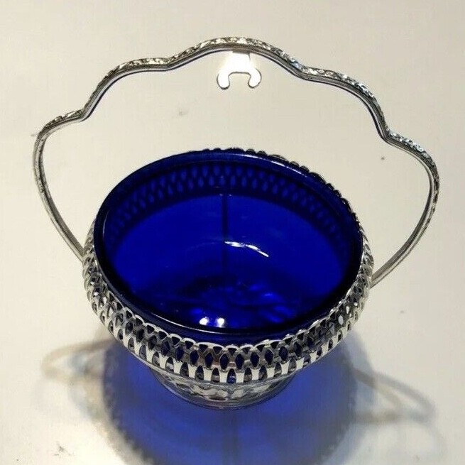 Reticulated Silver Basket Cobalt Blue Glass Liner Sugar Condiment Server