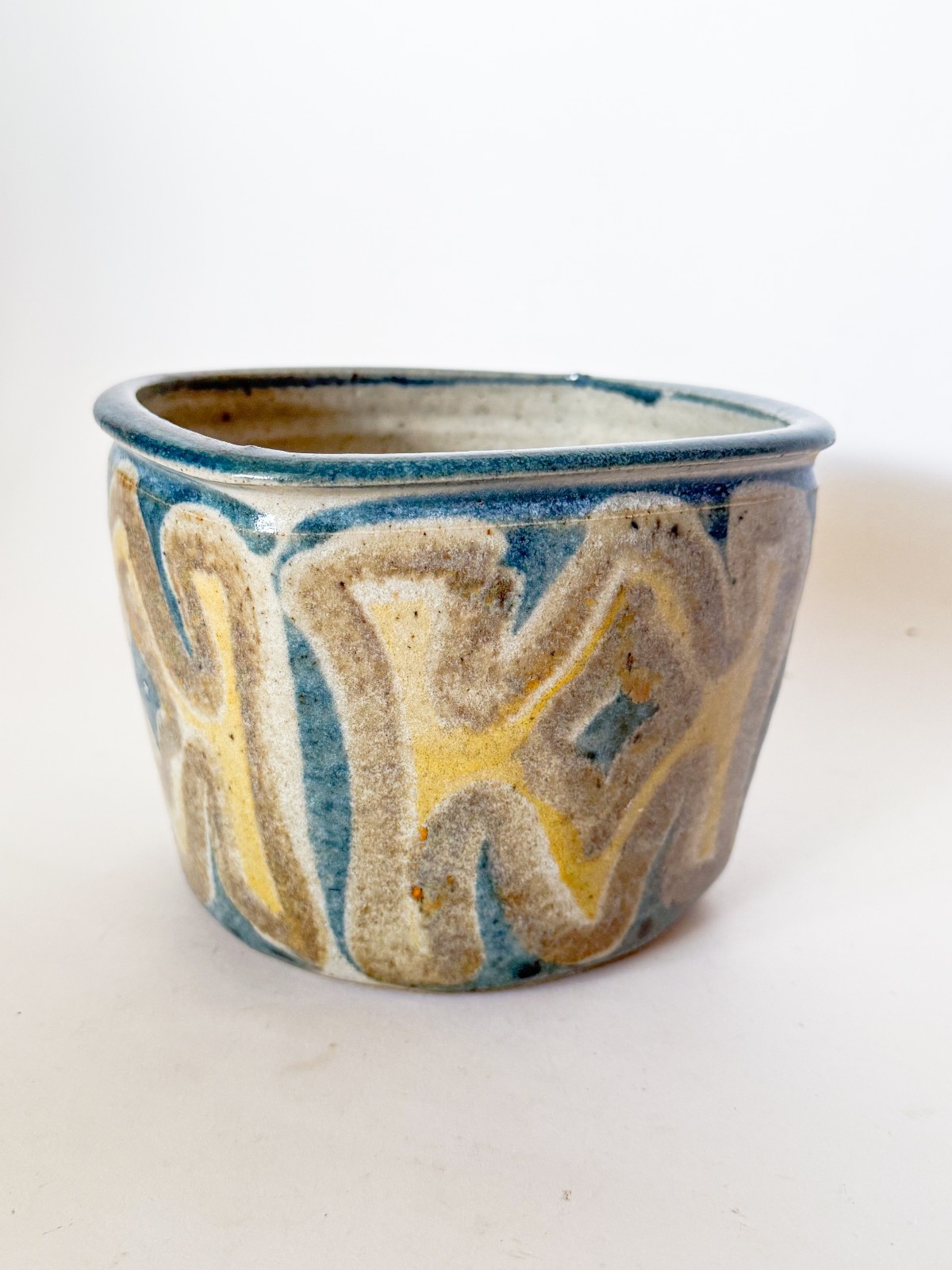 Mid 20th Century Glazed Studio Pottery Squared Planter, Signed, Mod Design