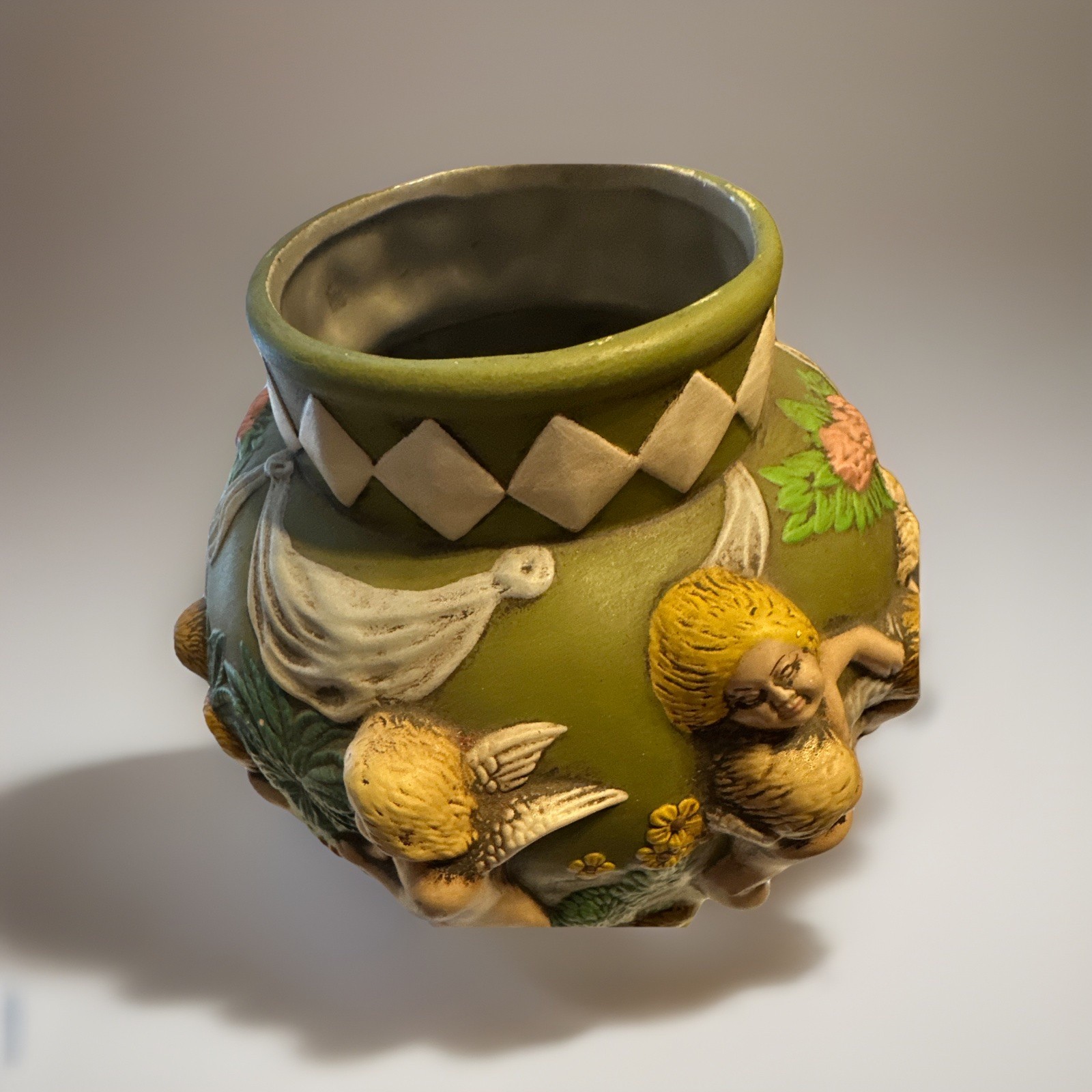 French style Jardiniere Hand Painted Ceramic Cherub Relief Vase 1968