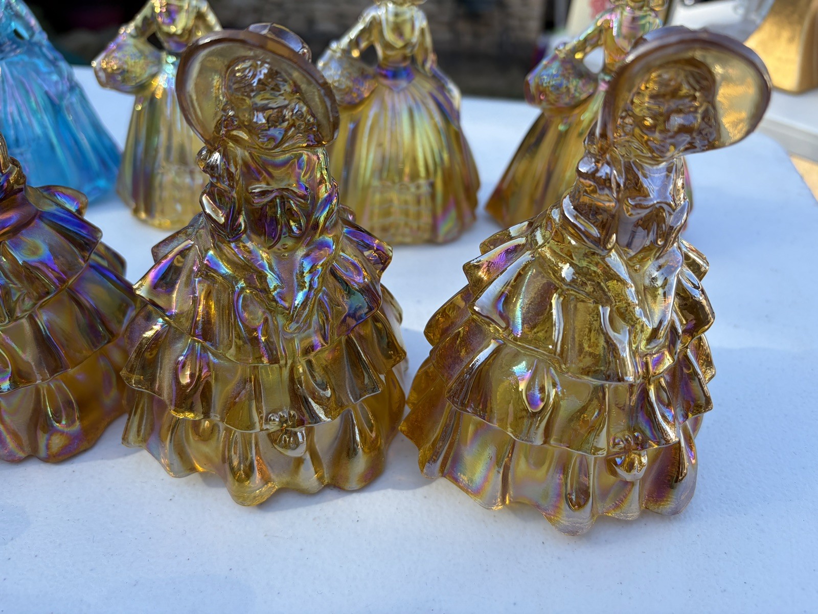 Lot of 9 vintage Wheaton Marigold Carnival Glass Belle Colonial Lady Figurines