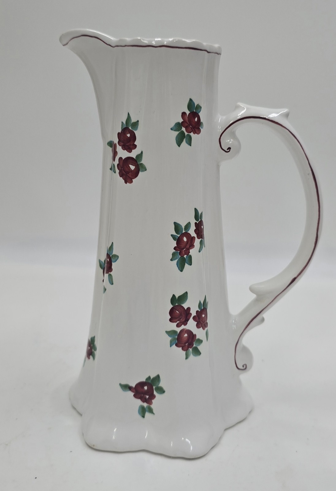 Andrea by Sadek White Ceramic Pitcher Vase Red Rose Floral Scalloped Rim Decor