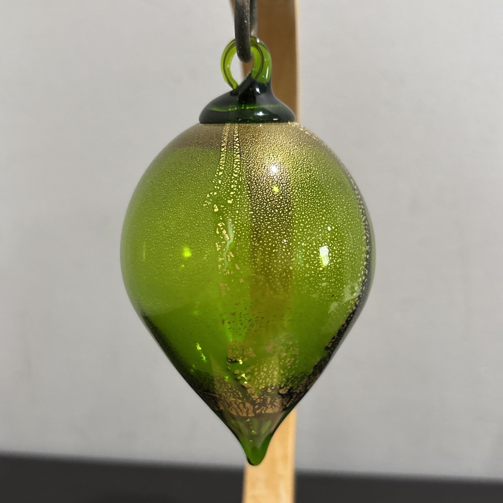 Glass Eye Studio Hand Blown Glass Teardrop Ornament Green Gold Foil Raindrop