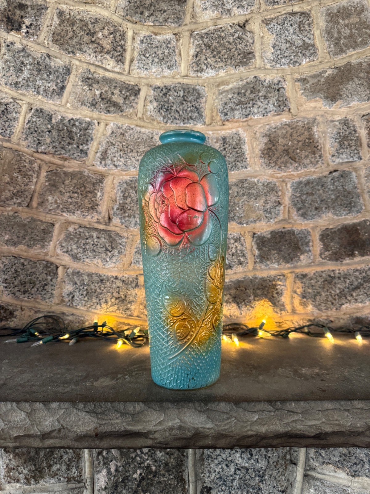 Vintage Goofus Glass Vase Rose Pattern Raised Design 14.5″