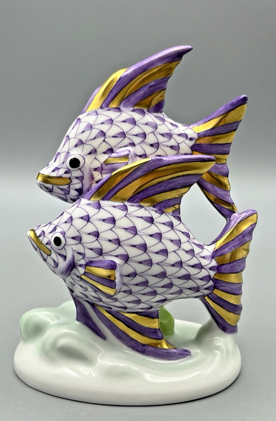 Herend Figurine – Pair of Fish – Lavender / Lilac / Purple Fishnet