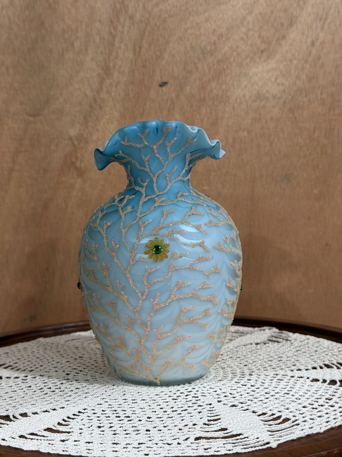 Mt. Washington CORALENE Satin Glass 5 3/4″ Vase, Seaweed Beaded Design, c. 1900