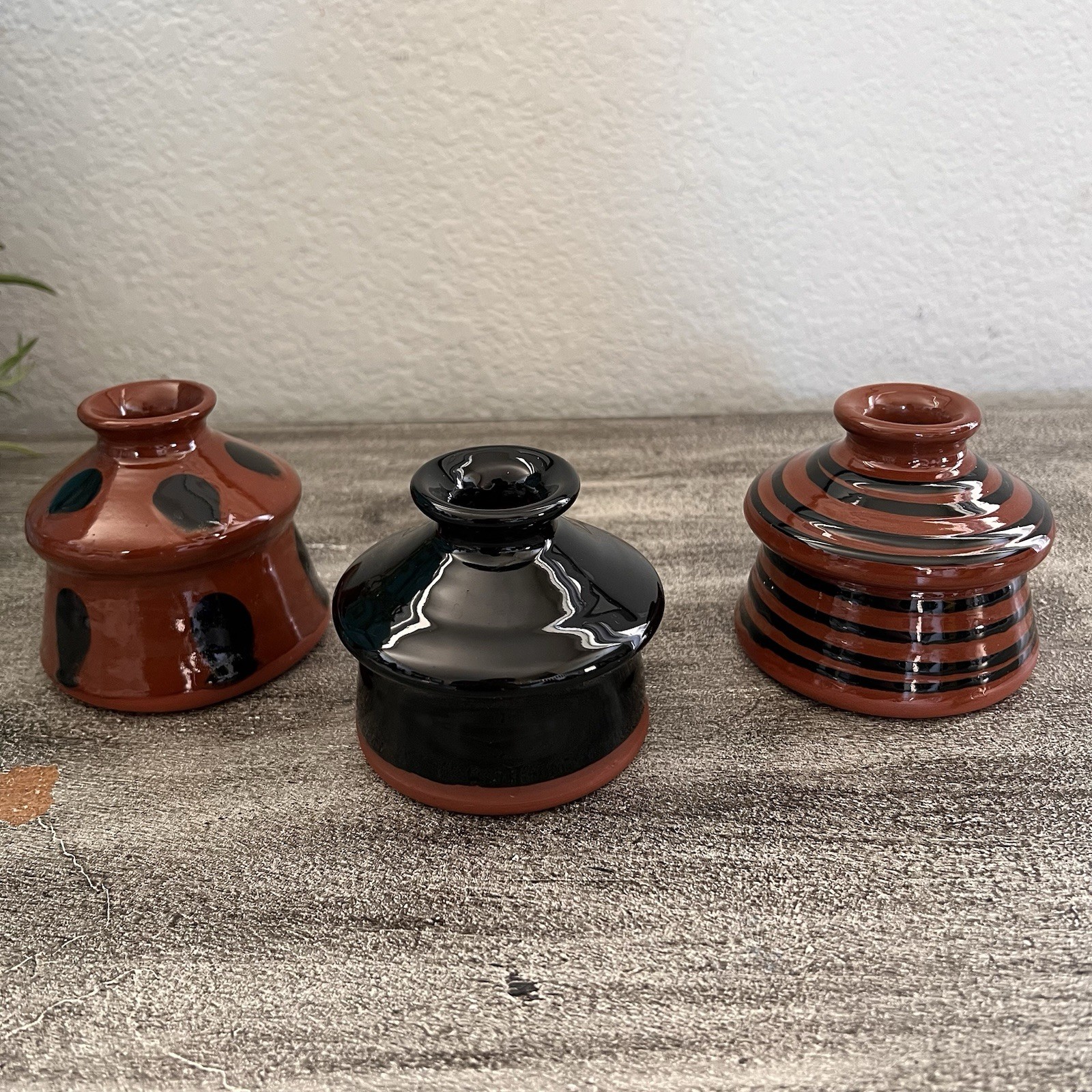 Set Of 3 Vintage Handthrown Redware Ceramic Inkwell or Vase Signed Nutt, MEL