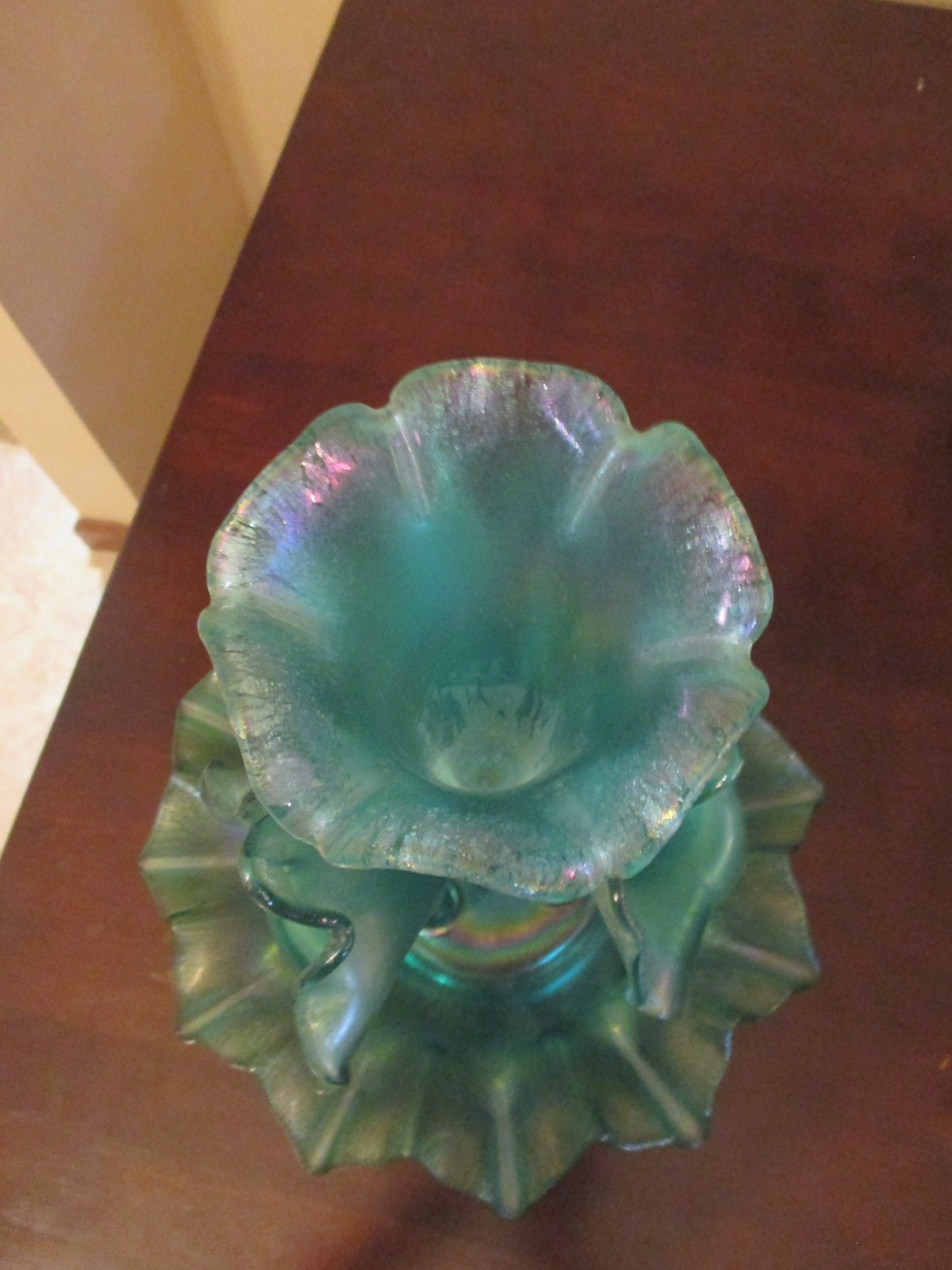 FENTON LG Wright Opalescent Blue Teal Aqua Glass 4 Horn Epergne 1994 13” SIGNED