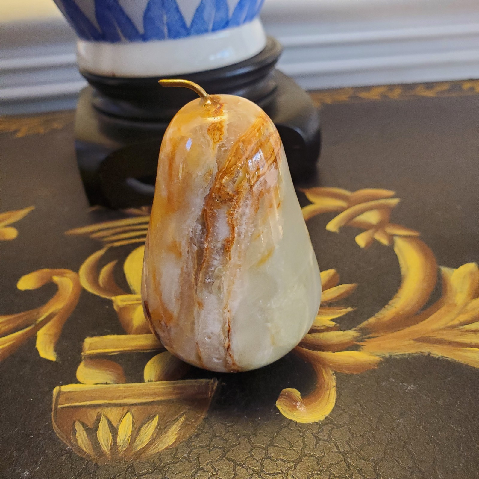 Onyx Pear Paperweight Sculpture Polished Stone Metal Stem Pakistan Tag Bottom