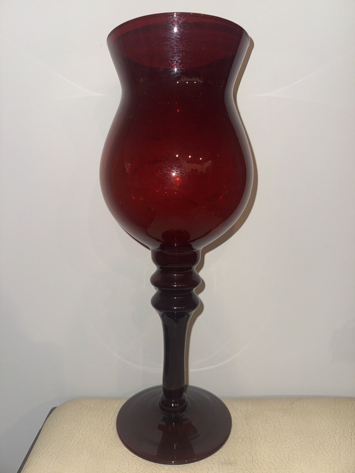 Vintage (2) Large Hand Blown Ruby Red Empoli Pedestal Vases 14.5″ & 11.75″