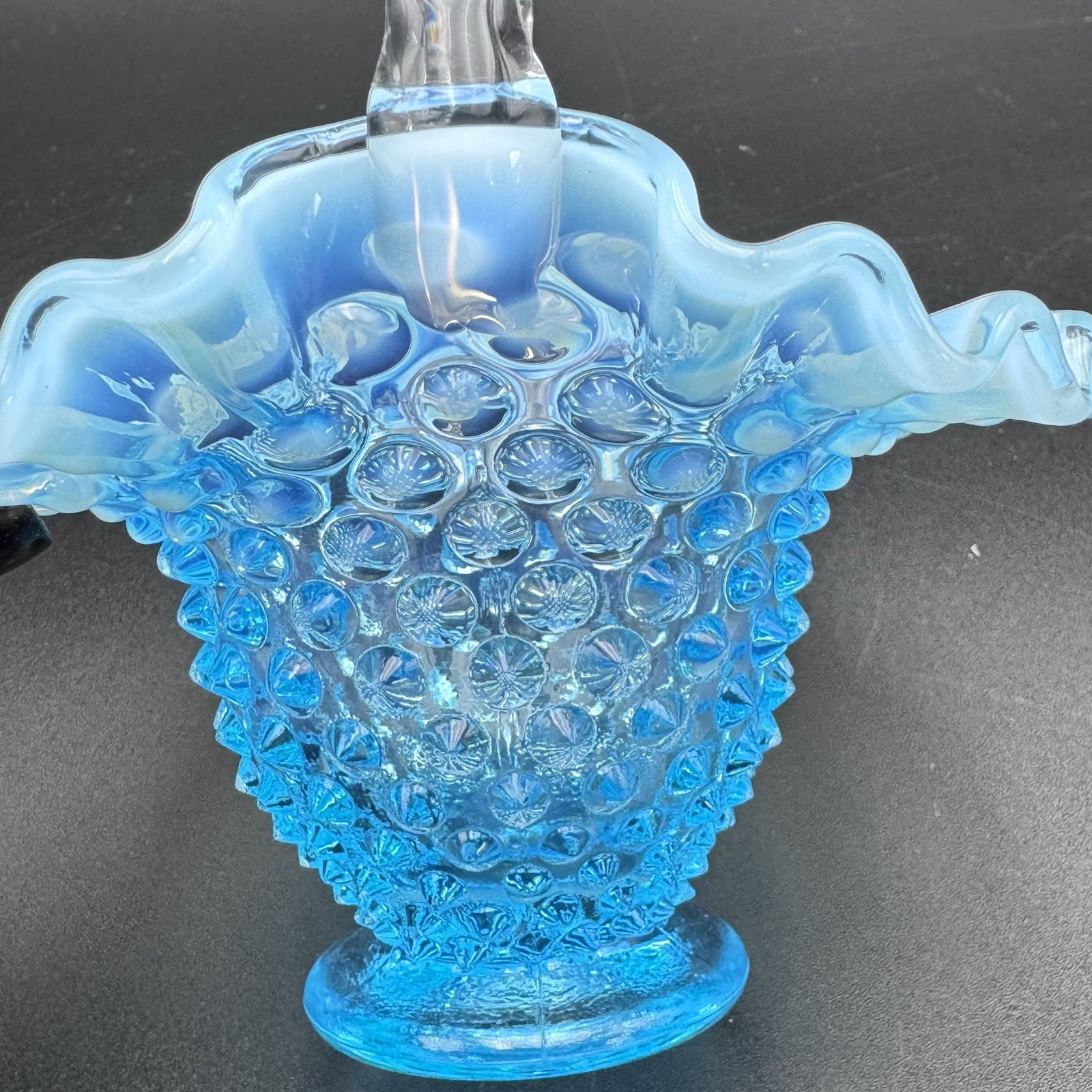 Fenton Blue Opalescent Hobnail Basket UV+ 6″ Ruffled Art Glass VTG CottageCore