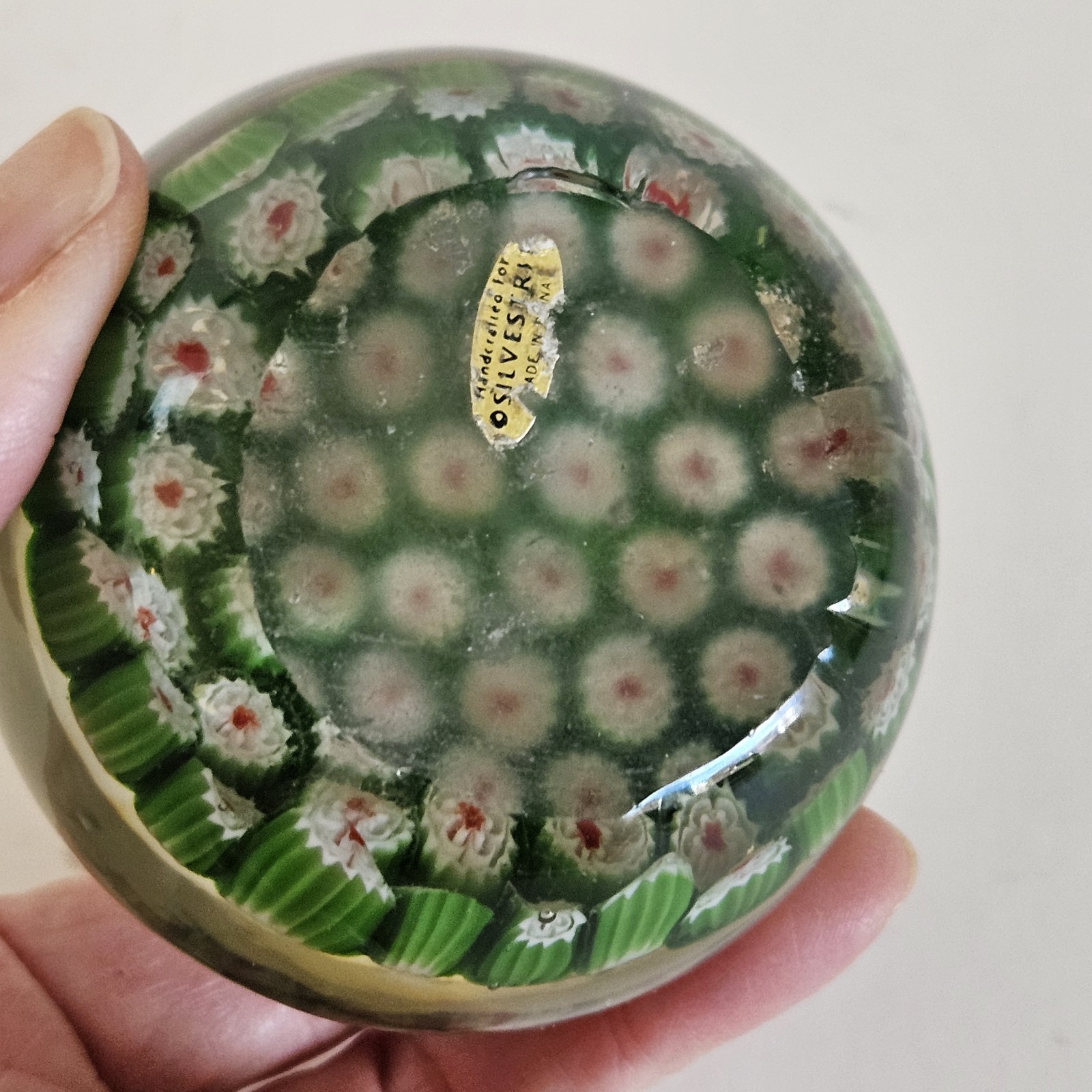 2 VTG Art Glass Paperweights – Blue & White Flower – Millefiori Silvestri Green